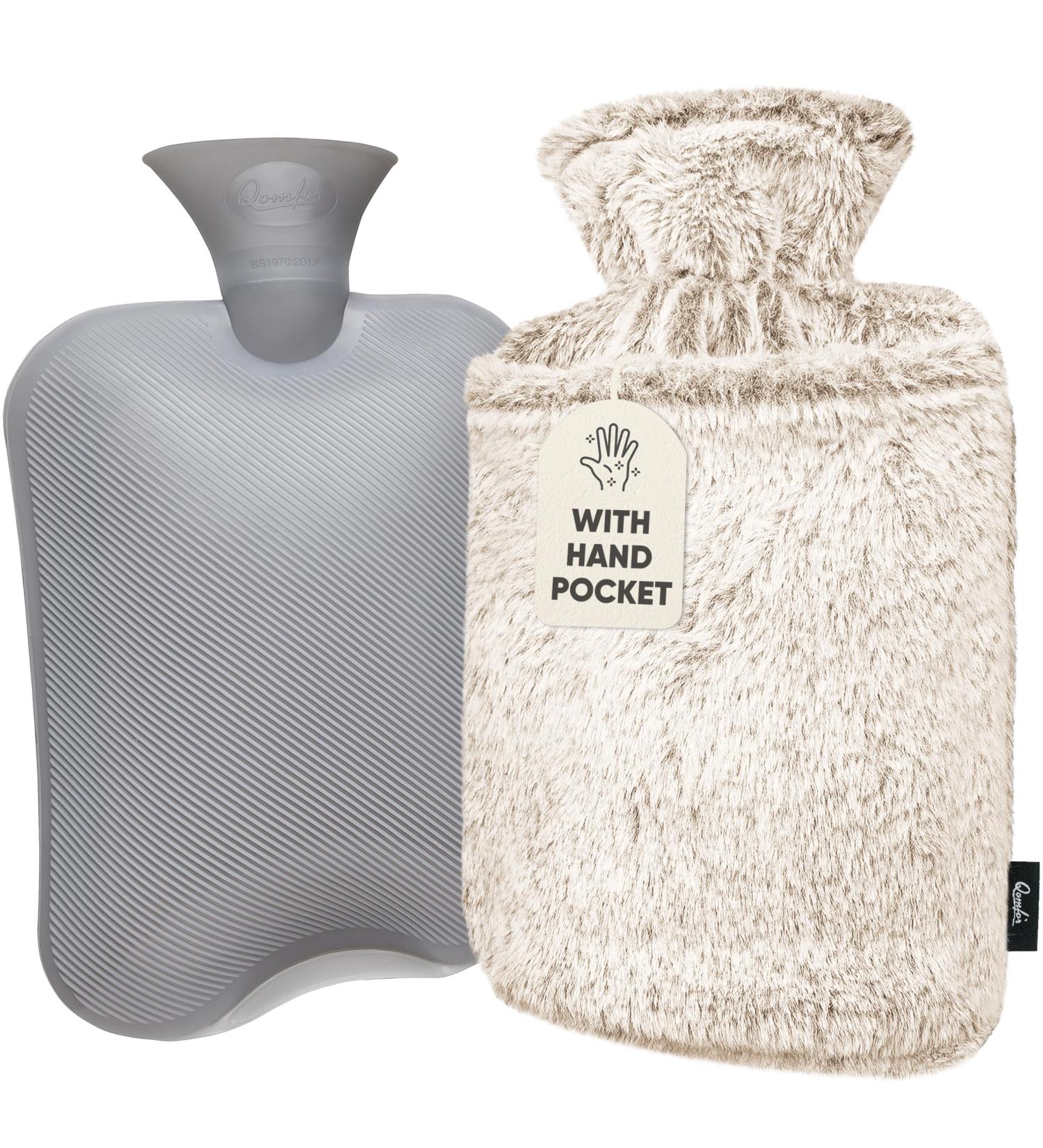 Qomfor Hot Water Bottle with Fluffy Faux Fur Cover - 1.8l Large - Pain Relief for Neck, Shoulders, Hands, Feet - Dark Brown - Buy Online on GoSupps.com
