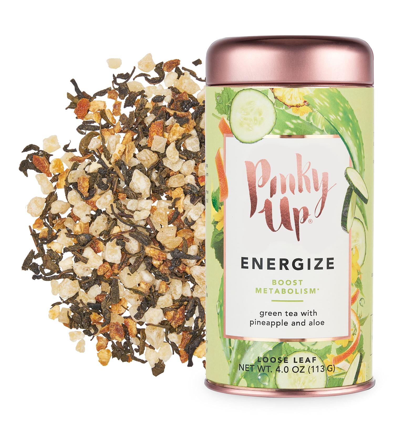 Pinky Up Energize Green Tea Blend: Naturally Low Calorie, Gluten-Free & Caffeinated - 3.0 oz Tin (25 Servings) - Buy Online on GoSupps.com