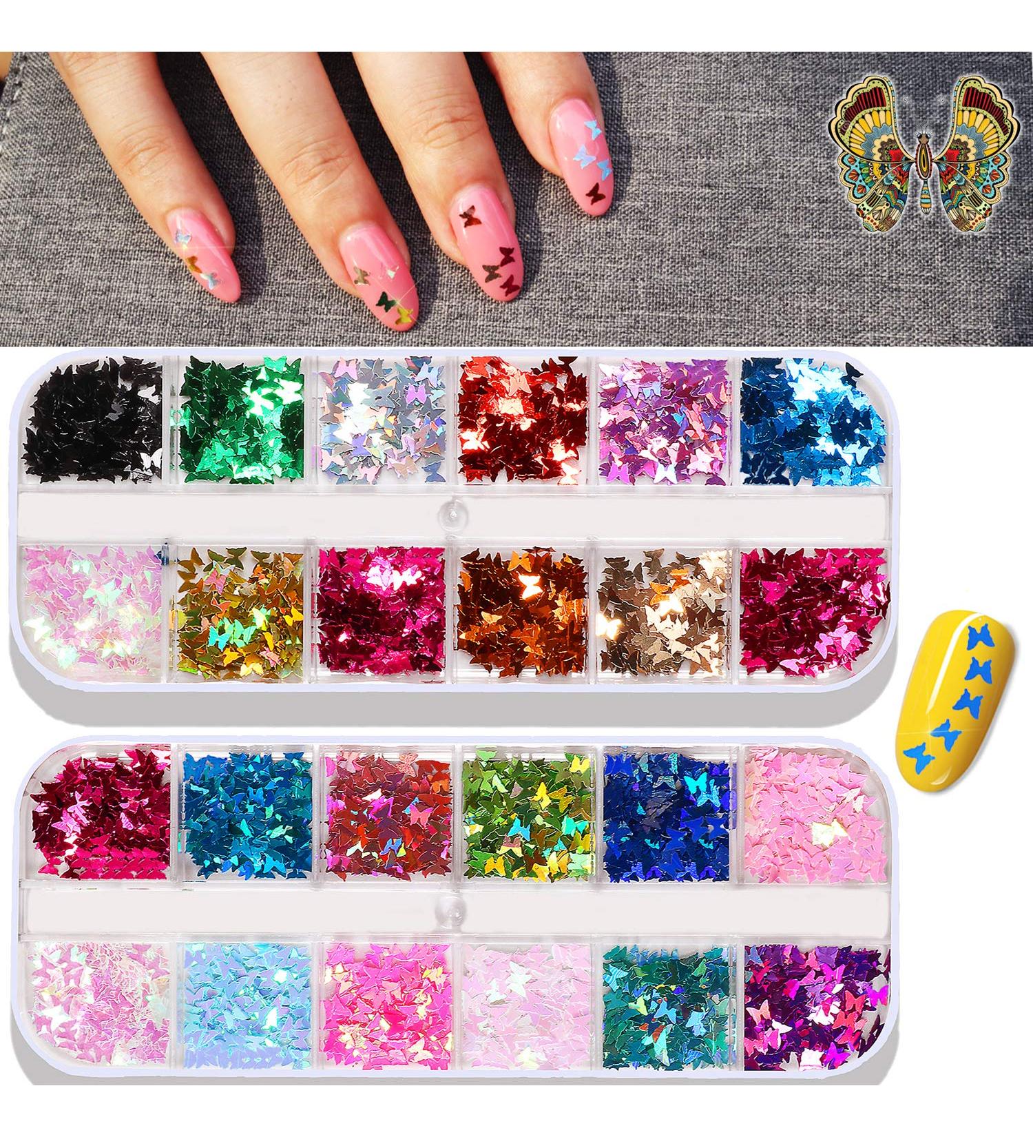 24 Color/Set 3D Butterfly Nail Art Glitter Sequins - Colorful Sparkle Sticker Decals for Manicure - Buy Online on GoSupps.com