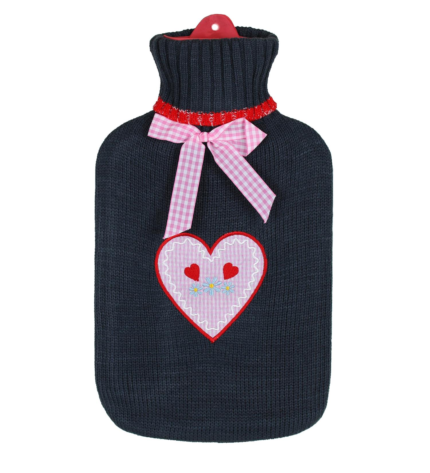 Best Hot Water Bottle with Knitted Cover | BRANDSSELLER 1.6L Anthracite/Pink Checked Heart - Buy Online on GoSupps.com