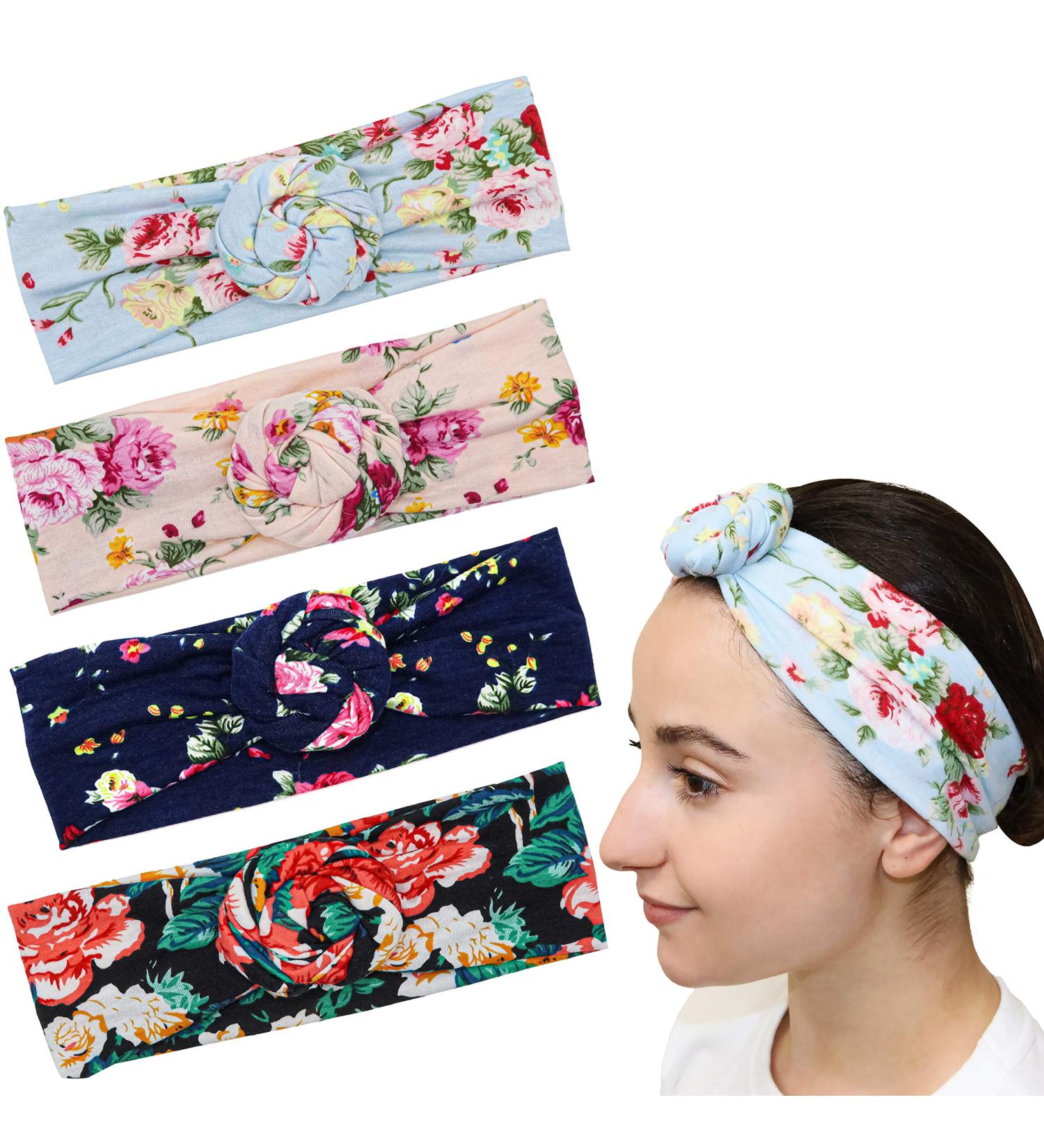 FROG SAC Floral Headbands Set for Girls, Teens, and Women - 4 Stretch Flower Headwraps in Soft Rose Bun Style - Cute and Comfortable Fashion Head Bands - Buy Online on GoSupps.com