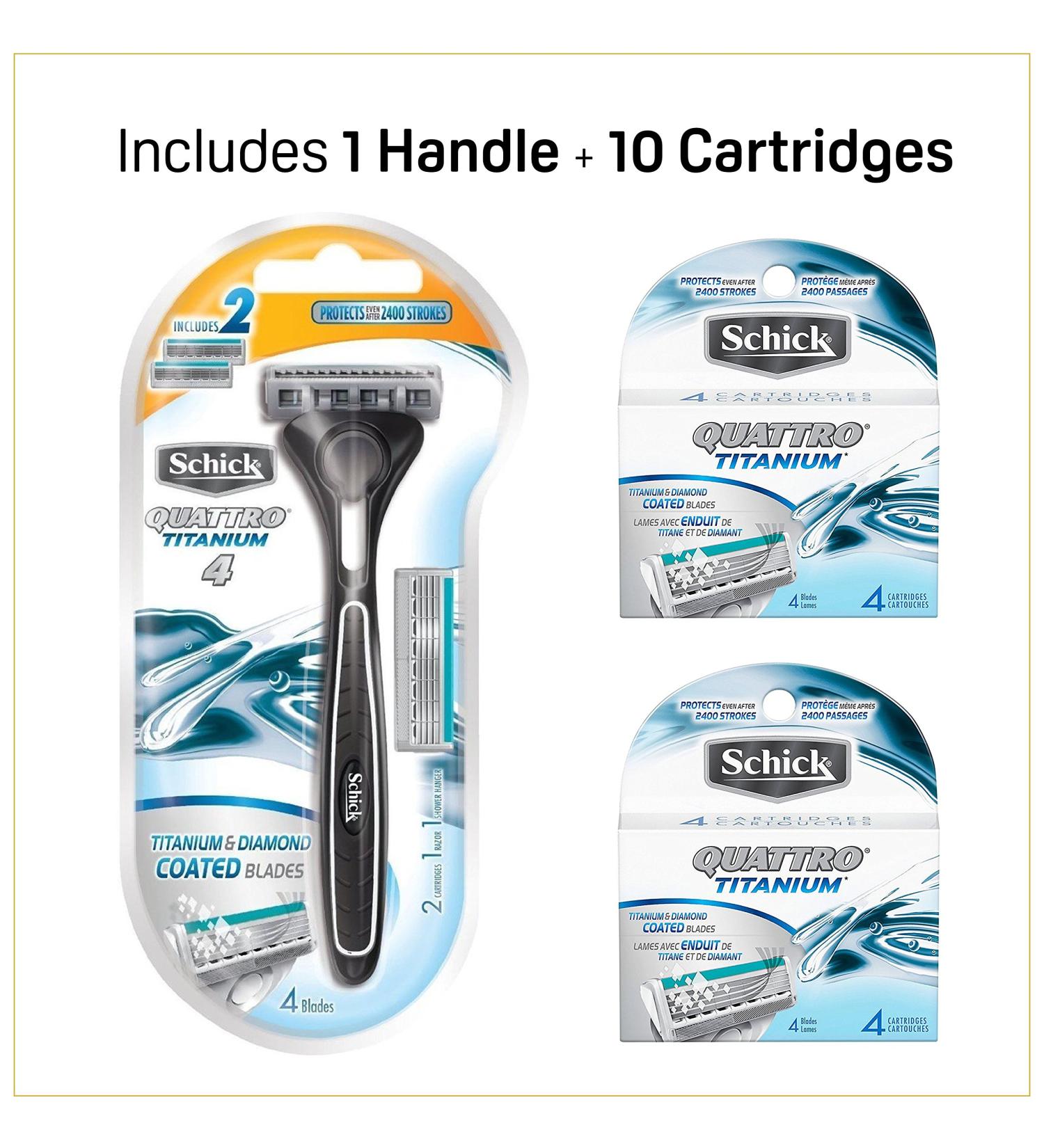 Schick Quattro Titanium 4 - Four Blade Razor Shaving System- Value Pack (10 Cartridges + 1 Handle)