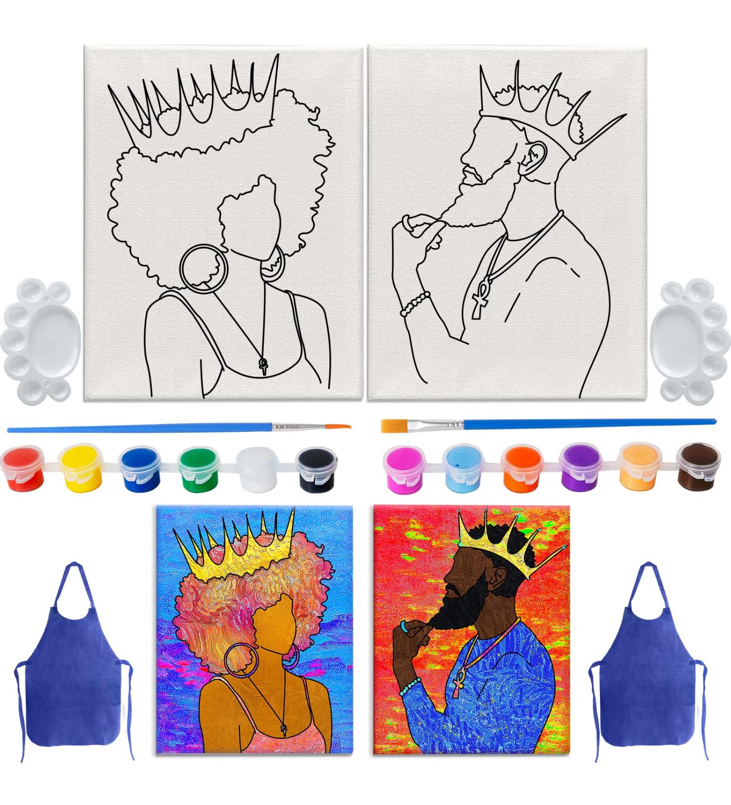 2 Pack Afro King Queen Love Couple Canvas Painting Kit - DIY Date Night Party Favor | Pre Drawn Stretched Canvas Birthday Gift for Couples - BLM Inspired - Buy Online on GoSupps.com