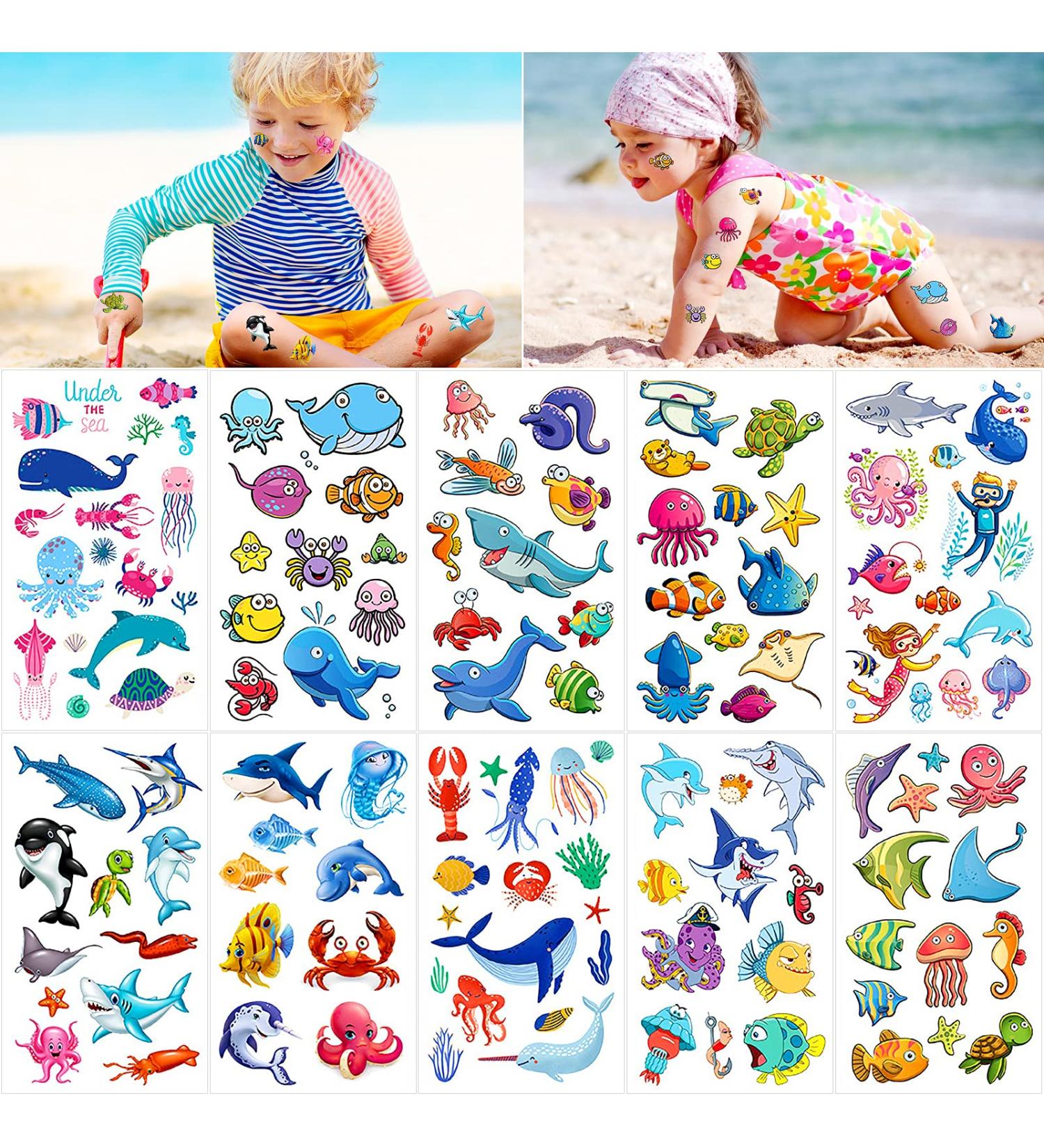 Ocean Animals Temporary Tattoos - 126pcs Mermaid, Tropical Fish, Whale Stickers for Kids - Birthday Party Favors & Decor - Konsait - Buy Online on GoSupps.com