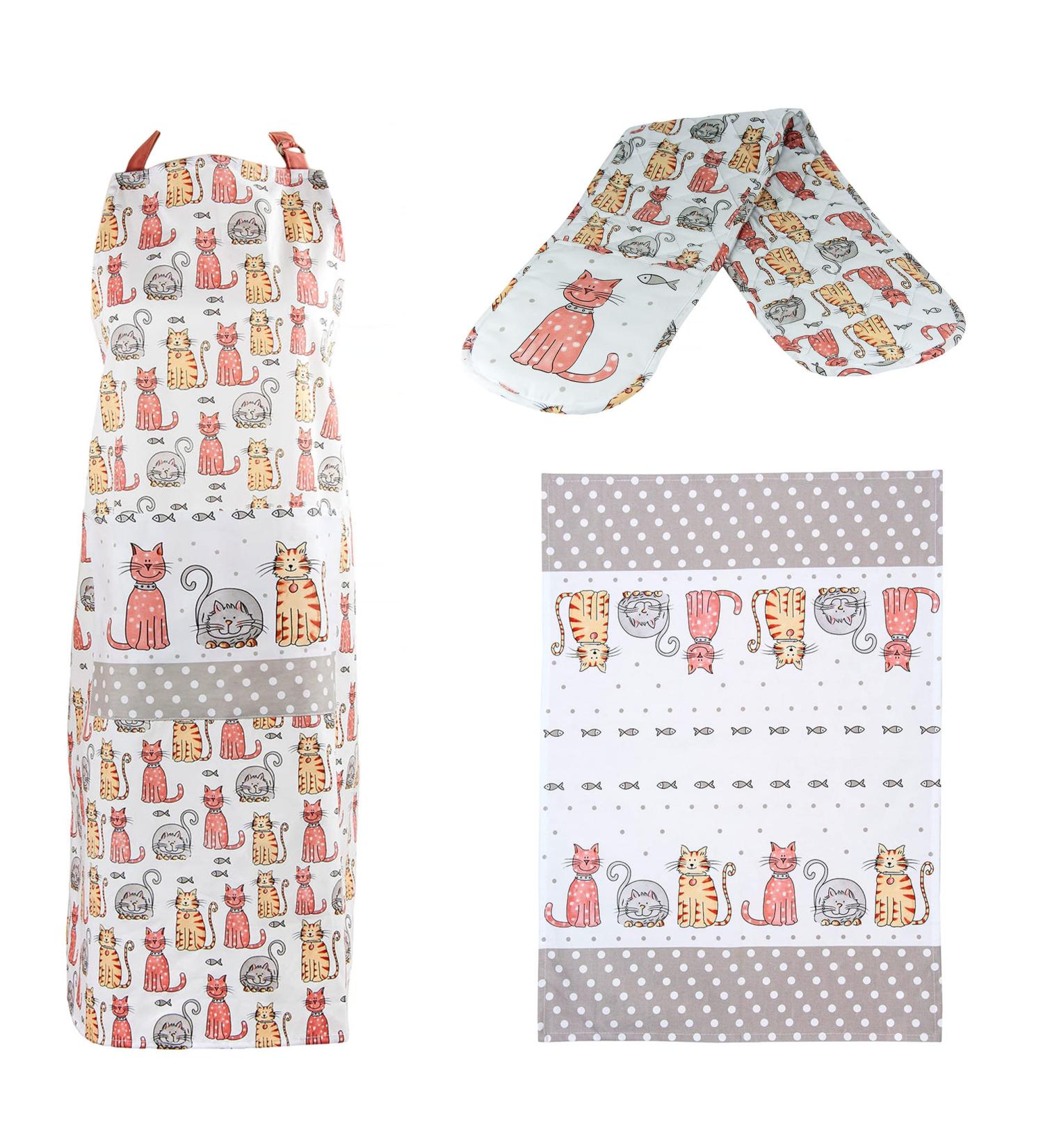Cotton Kitchen Towel, Adjustable Bib Apron, Heat Resistant Double Oven Mitt - Cat Lovers Kitchen Gift Set of 3 - Machine Washable - Happy Cats Multicolor - Buy Online on GoSupps.com
