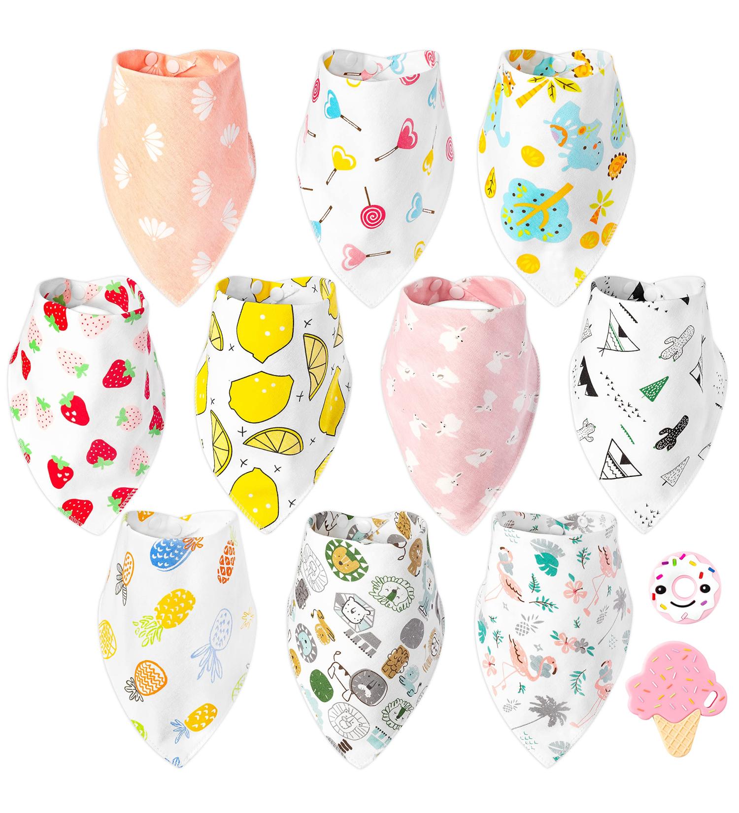 Zainpe 12Pcs Bandana Drool Baby Bibs with Teether Set - Soft Cotton, Machine Washable, Flamingo, Pineapple, Cactus Design - Snap Burp Cloths with Teething Toys for Unisex Infants - Buy Online on GoSupps.com
