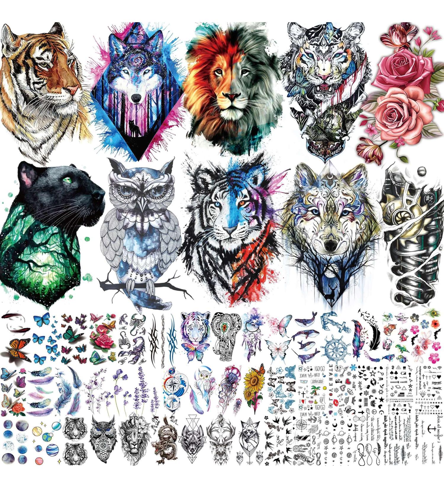 Bilizar Watercolor Owl Tiger Lion Temporary Tattoos - 56 Sheets, Realistic 3D Fake Tattoo Sleeve Stickers for Men, Women, and Kids - Long Lasting Body Art Decals - Buy Online on GoSupps.com