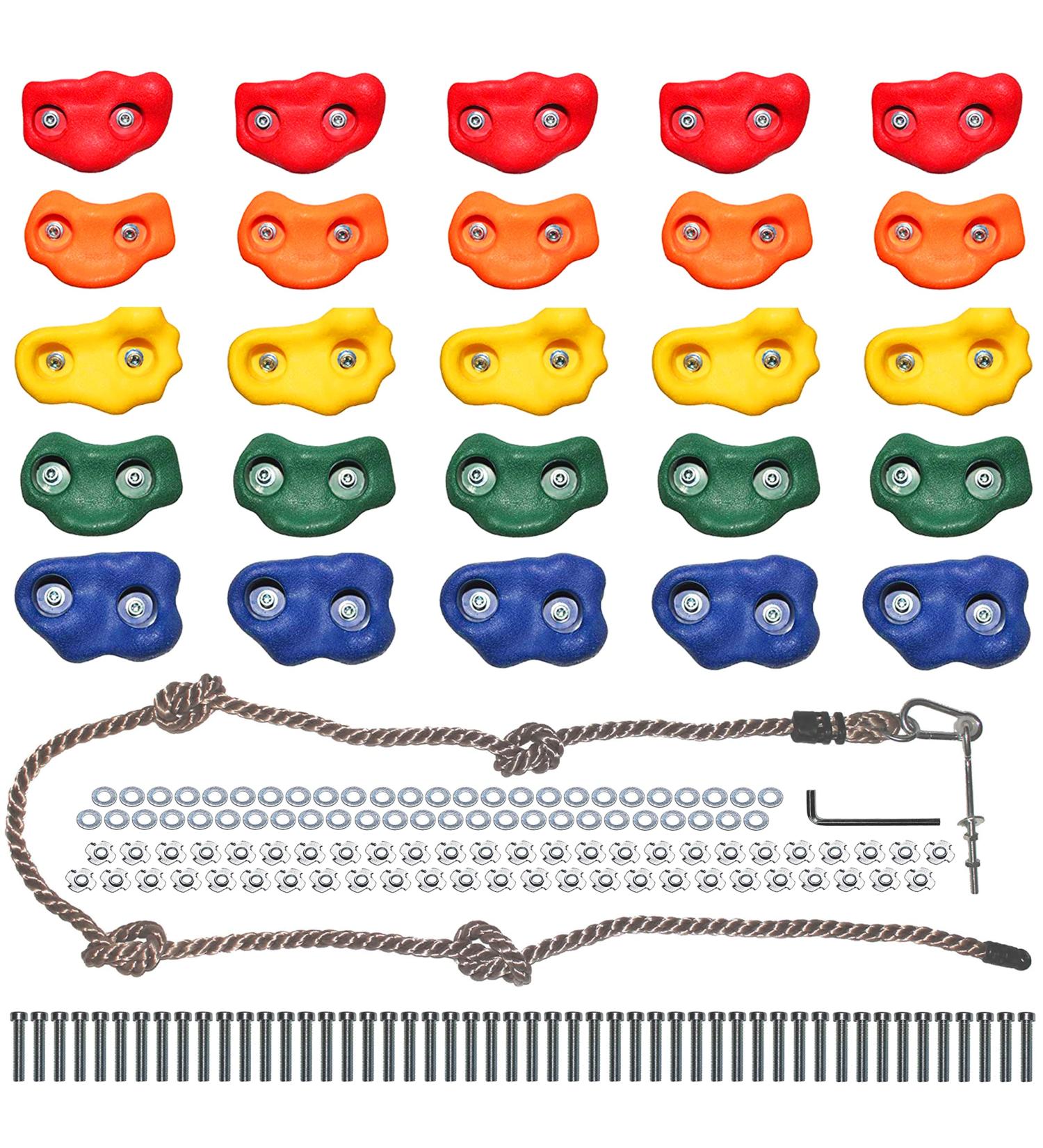 Jungle Gym Kingdom Rock Climbing Holds for Kids - Indoor & Outdoor Climbing Kit with Hardware, Rope, and 25 Handles - Buy Online on GoSupps.com
