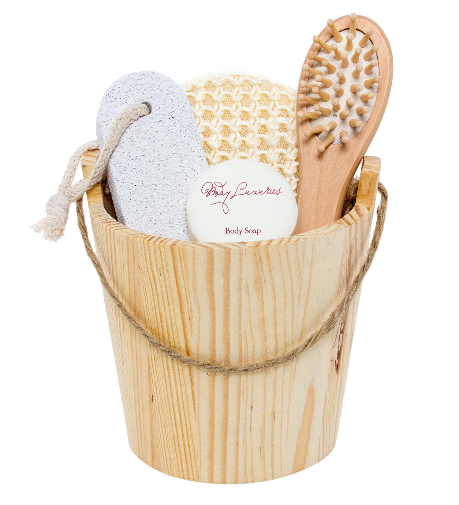 BRUBAKER Wellness Set - 5-Piece Gift Set with Peeling Sponge Hairbrush Pumice Stone Soap & Wooden Bucket for Ultimate Relaxation | International Shipping Available - Buy Online on GoSupps.com