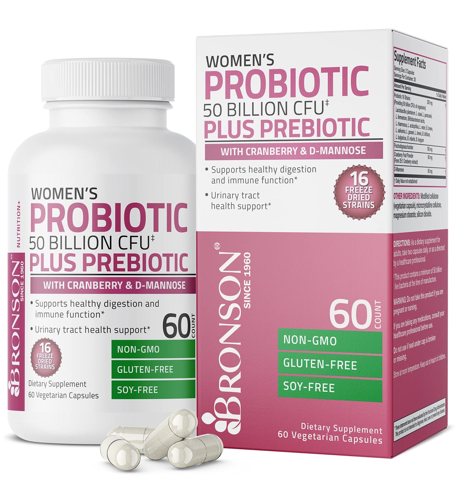 Bronson Women's Probiotic 50 Billion CFU + Prebiotic with Cranberry & D-Mannose - Vaginal Health, Digestive Support, Immune Function - 60 Vegetarian Capsules - Buy Online on GoSupps.com