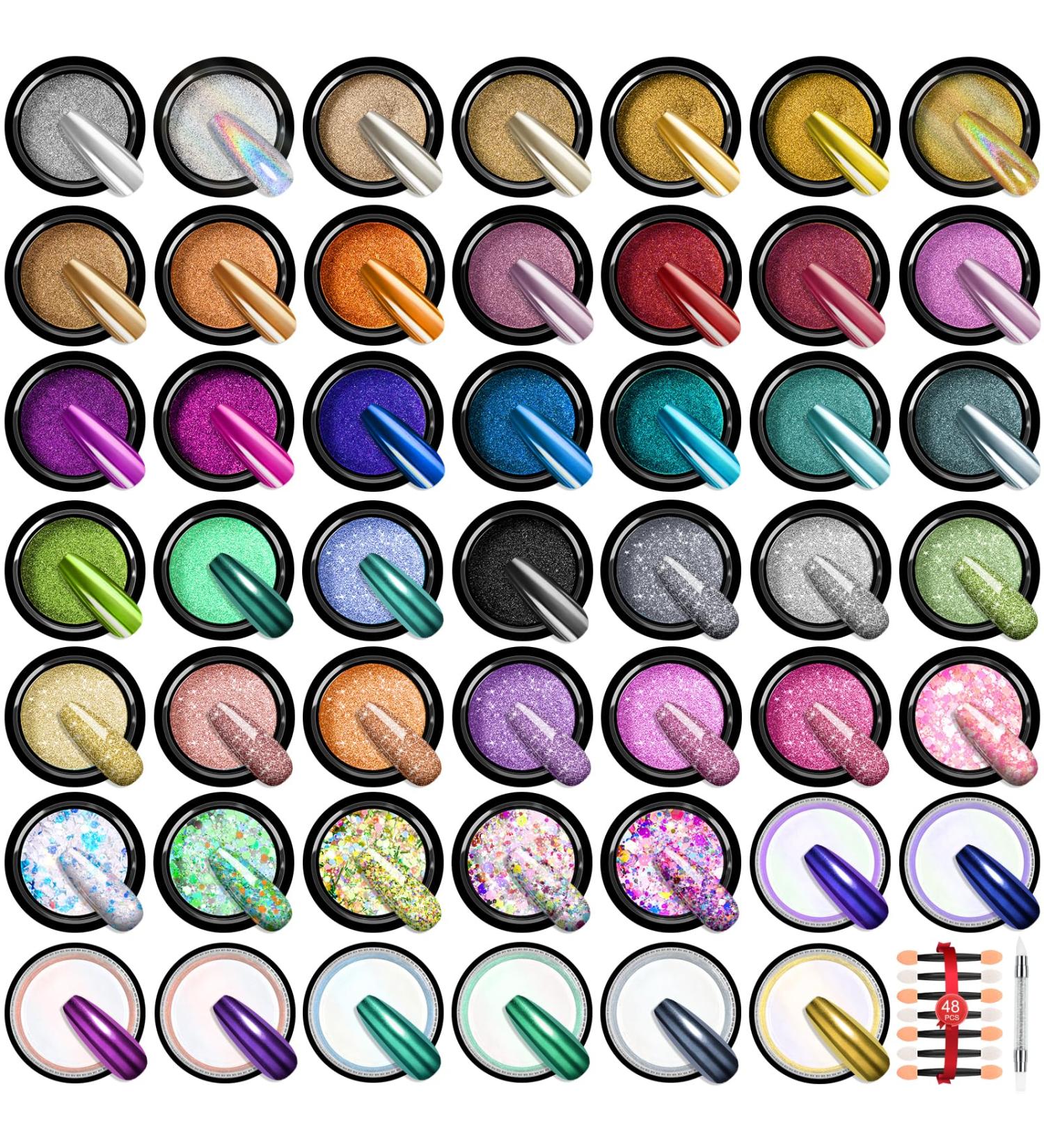 Saviland 48PCS Chrome Nail Powder Kit - Aurora Holographic Metallic Mirror Effect for High Pigment Nail Art - Nail Glitter Power - 48 Colors - Buy Online on GoSupps.com