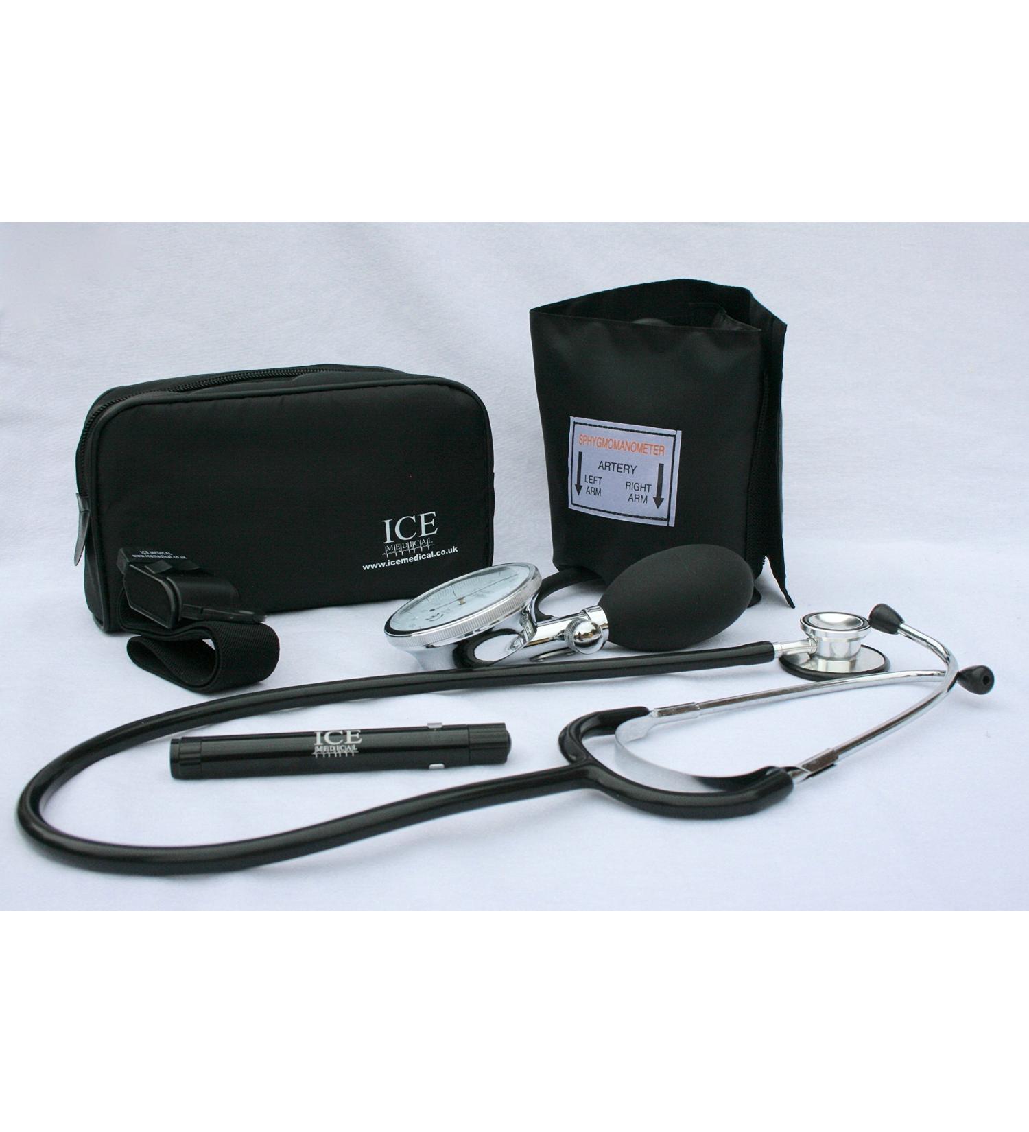 Black Aneroid Blood Pressure Monitor with Stethoscope, Pen Light, and Tourniquet - GP Set - Buy Online on GoSupps.com