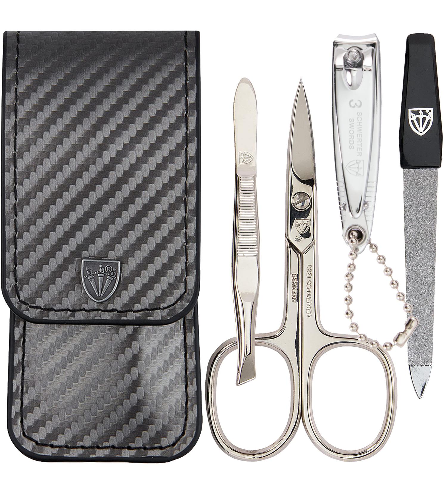 Three Swords Capri Nail Care Set 4 Pcs High-Quality Manicure & Pedicure Kit | Synthetic Leather Carbon | Nail Scissors Clippers Tweezers & Sapphire File - Buy Online on GoSupps.com