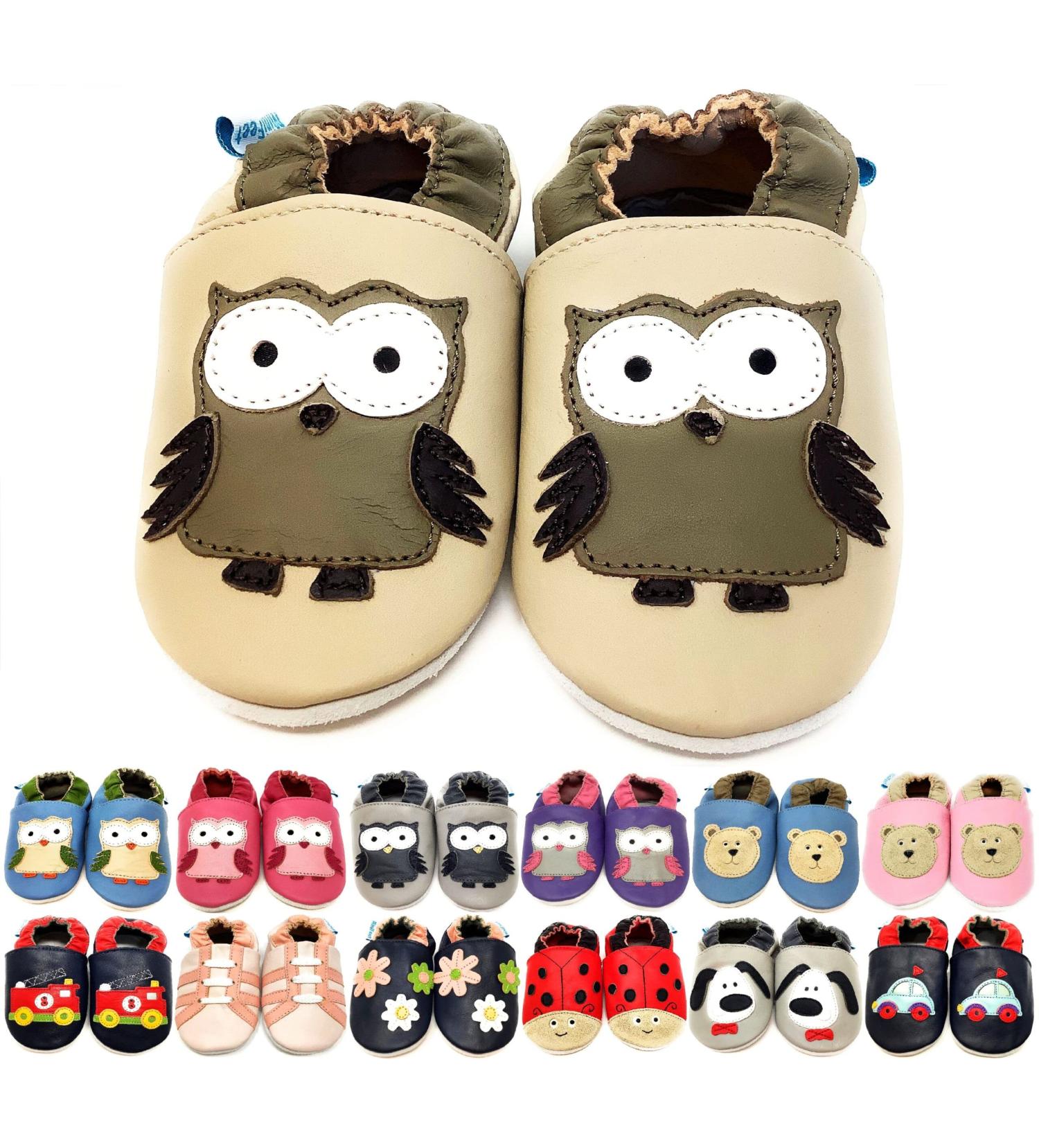 MiniFeet Premium Soft Leather Baby Shoes - Buy 4 Pairs, Get 1 Free! Toddler Shoes - Beige Owl Design - 0-6 Months to 4-5 Years - Buy Online on GoSupps.com