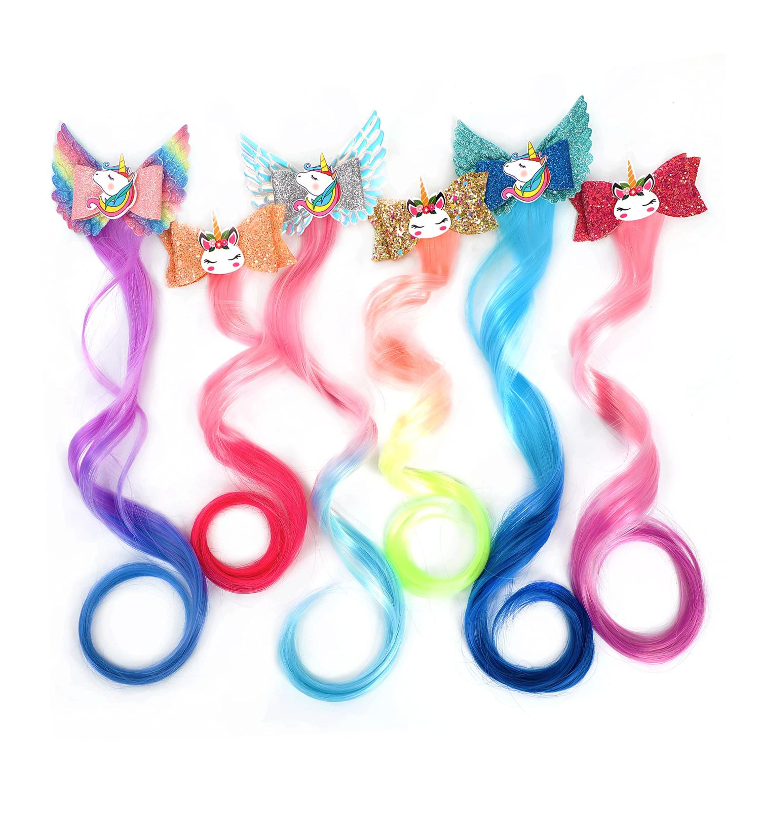 Xuxisowo 6-Colors Unicorn Hair Bows Clips for Girls Kids - Glitter Braided Curly Gradient Color Wig Extensions (6PCS) - Buy Online on GoSupps.com