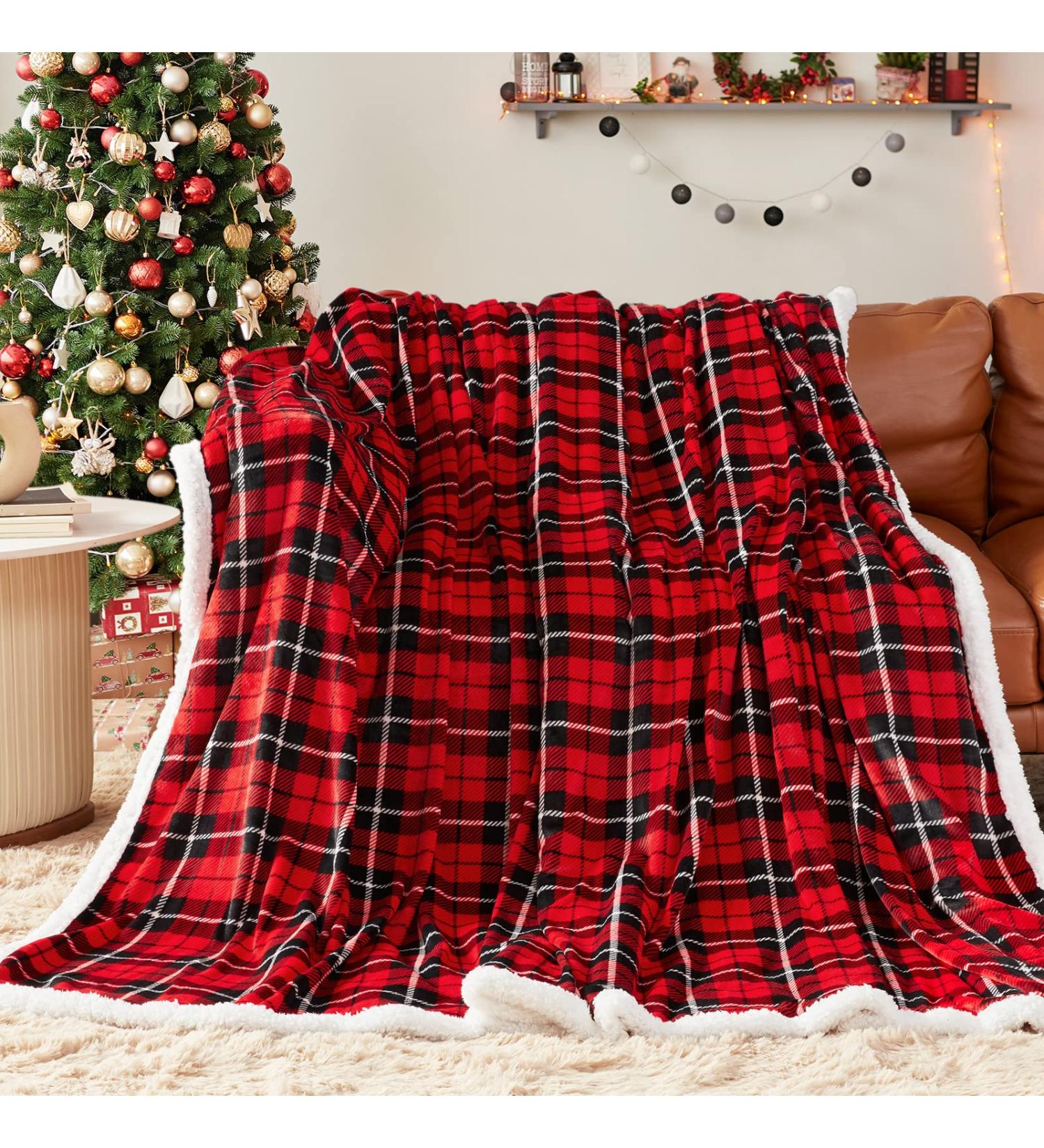 Plaid Sherpa Throw Blanket | Cozy Flannel Fleece | Christmas Blanket 50 x 60 | Dark Red - Buy Online on GoSupps.com