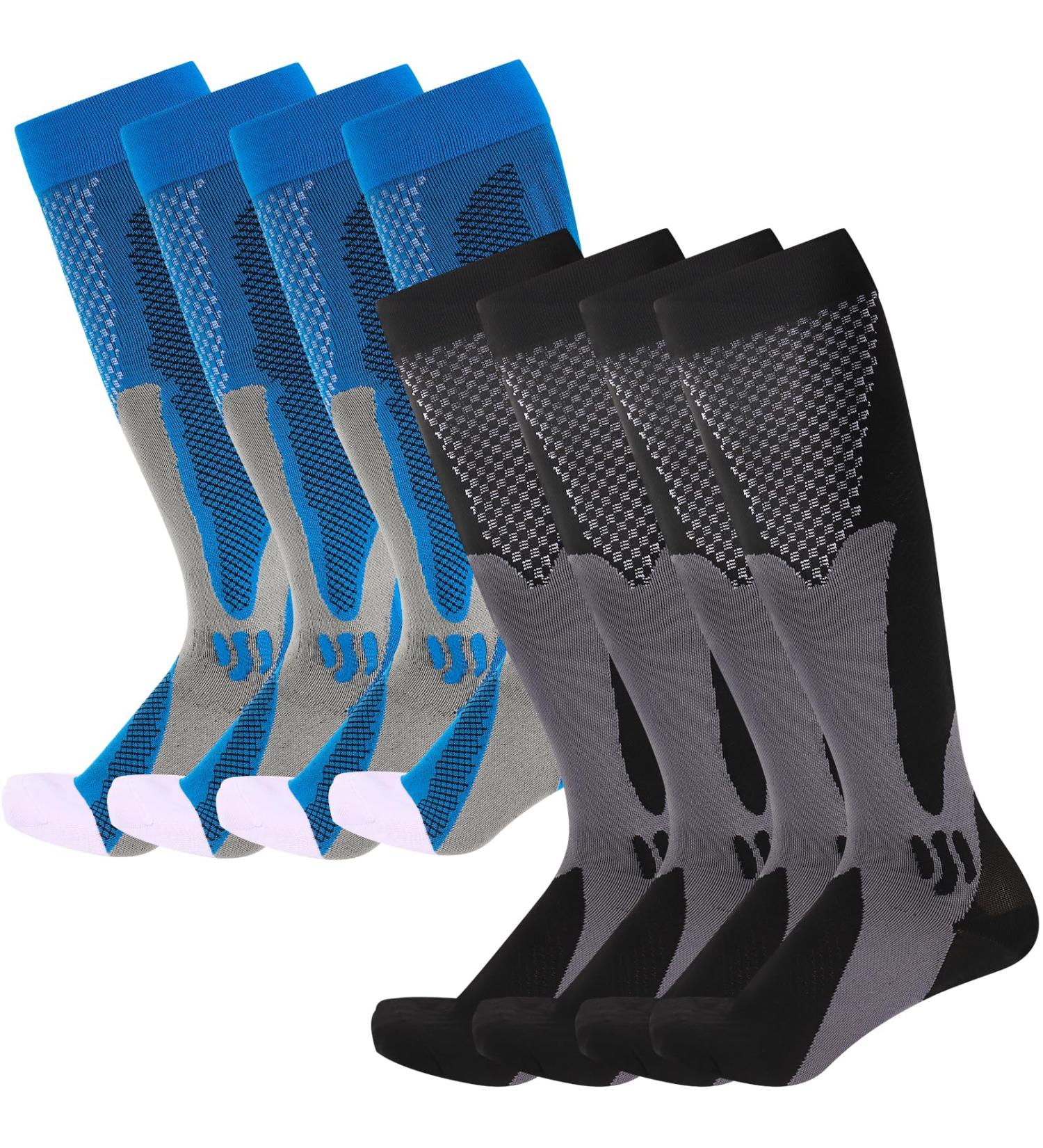 Compression Stockings for Men & Women - 20-30 mmHg for Varicose Veins - Support for Sports Travel & Pregnancy - 4 Pairs in Black/Blue (Size 40-46) - Buy Online on GoSupps.com