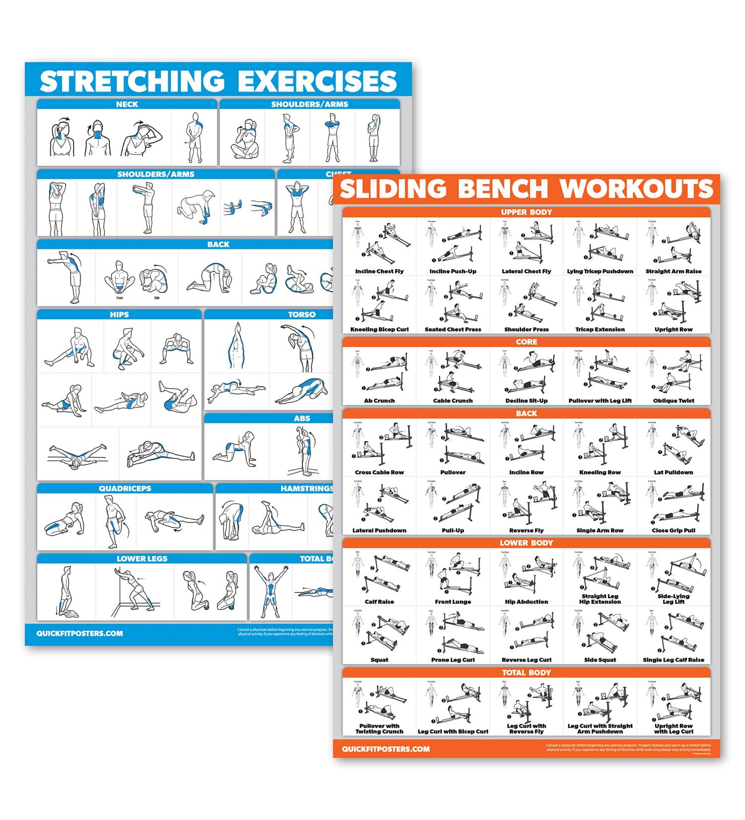 Quickfit 2-Pack Stretching Exercises & Sliding Bench Workout Poster Set - Compatible with Total Gym & Weider Ultimate Body Works (Laminated 45.7 x 61 cm 18'' x 24'') - International Shipping Available - Buy Online on GoSupps.com