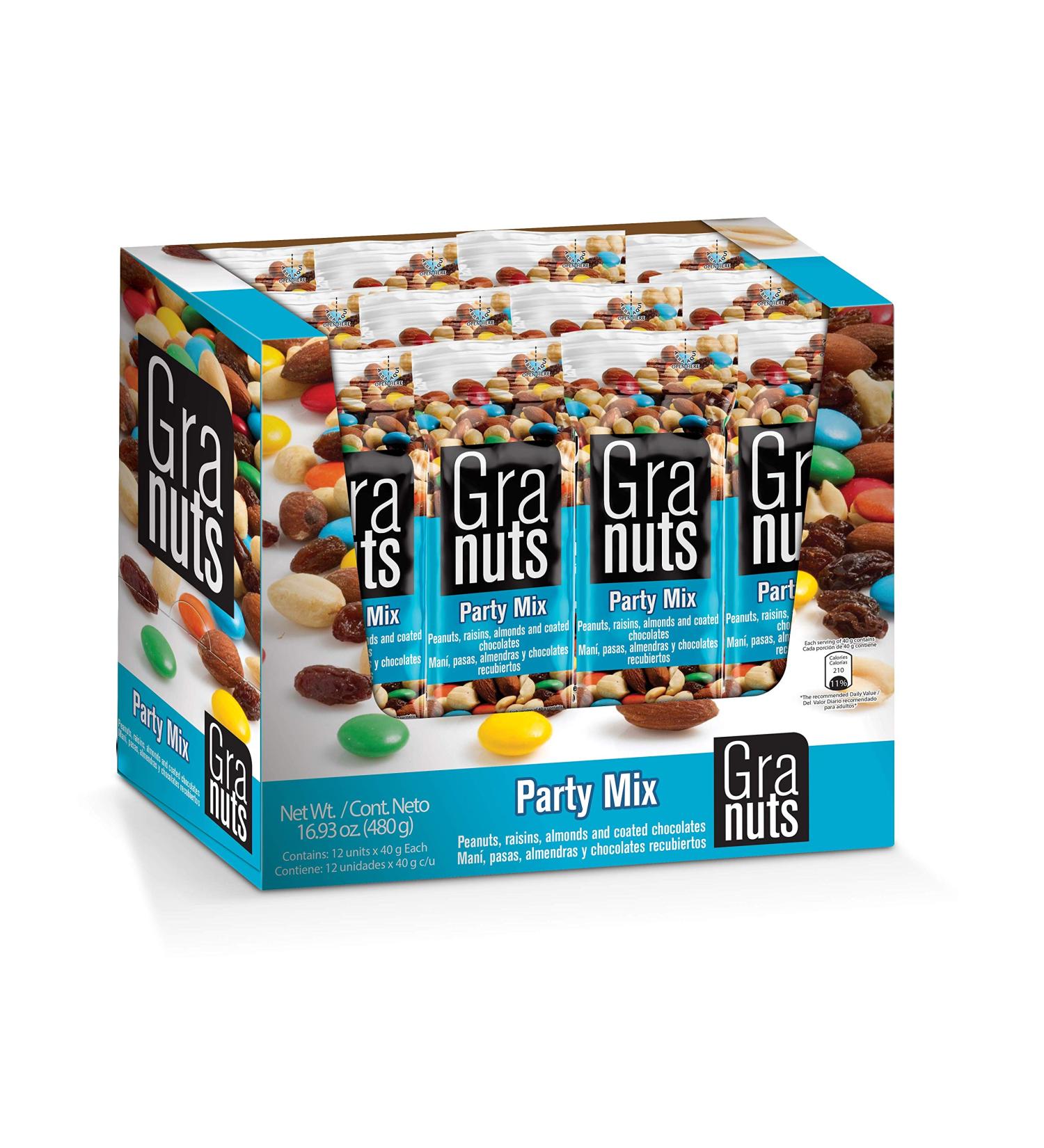 Granuts Party Mix - Sweet Chocolate-Coated Candies, Soft Raisins & Crunchy Salted Peanuts - Classic Flavors - On-the-Go Snack - 1.41 Oz (12 Inner Packs) - Buy Online on GoSupps.com