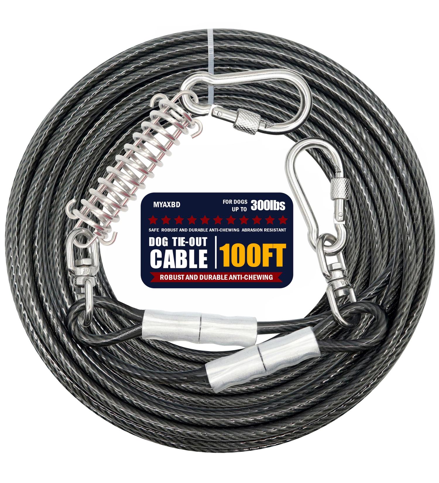 MyAXBD 100ft Dog Leash - Durable 30.5m Pull Rope with Robust Spring & Rotary Hook | Long Steel Wire Leash for Outdoor & Courtyard Use - Onyx Black - Buy Online on GoSupps.com