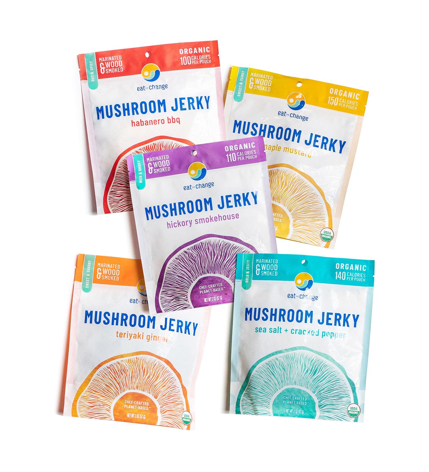 EAT THE CHANGE Mushroom Jerky Variety Pack - 5 Organic Chef Crafted 2oz Bags | 150 Calories or Less | Planet Based | 5 Flavor Variety Pack - Buy Online on GoSupps.com