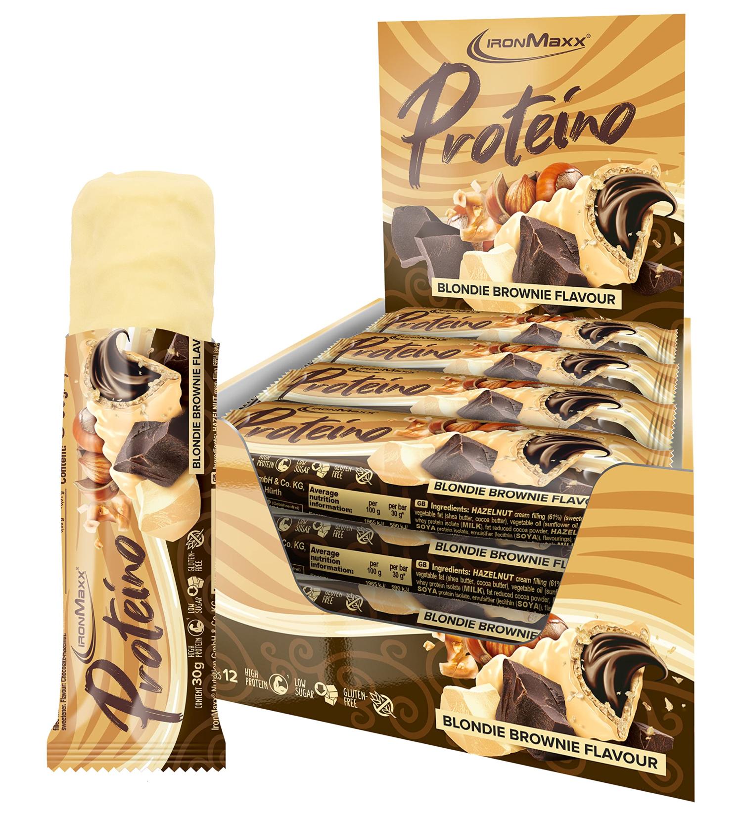 IronMaxx Proteino Protein Bar 12 x 30 g - Blondie Brownie | High Protein Bar with Creamy Waffle Based Filling | Sugar Reduced Gluten-Free Palm Oil Free Fitness Snack - Buy Online on GoSupps.com