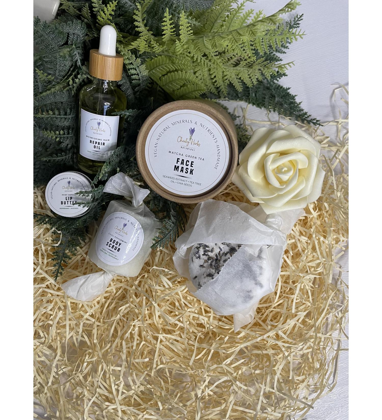 Cheeky Herbs Gift Box 1 - Relaxing Indulgent Spa Day Mixed Box for Hair Face Bath & Body Hair Repair Oil Green Tea Face Mask Lip Butter Body Scrub Vegan Natural Cruelty Free - Buy Online on GoSupps.com
