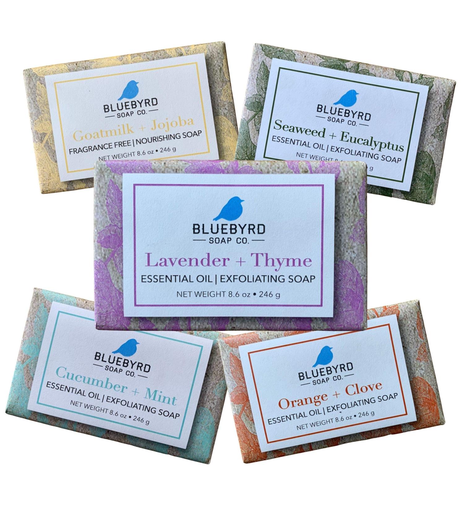 BlueByrd Soap Co. Exfoliating Essential Oil Soap Variety Set - 5-Pack Gift Box with Vegan Bars in Cucumber Mint, Lavender Thyme, Orange Clove, Seaweed Eucalyptus Scents - Buy Online on GoSupps.com