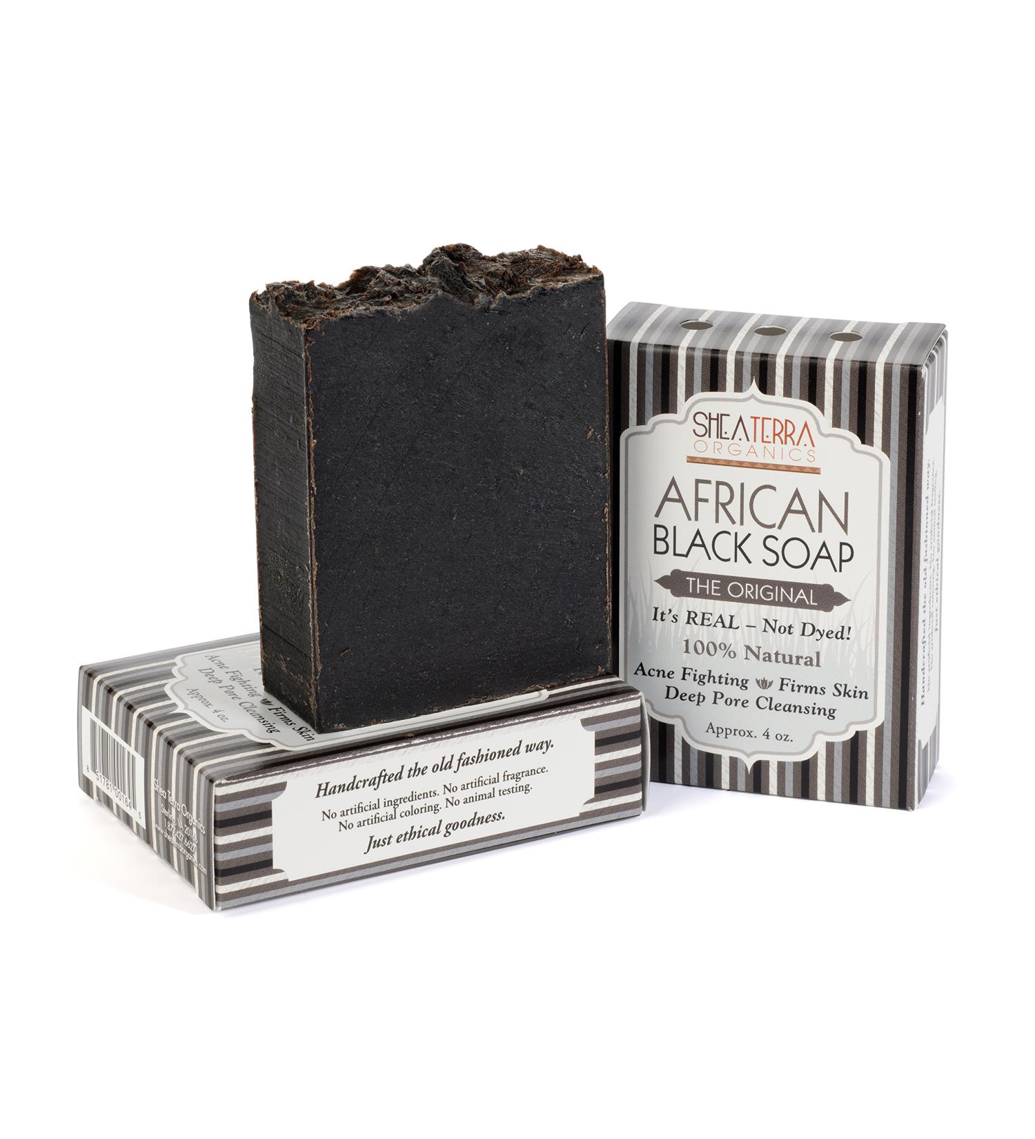 Shea Terra Organics Authentic African Black Soap Bar - Natural Cleansing for Skin Acne Eczema & Wrinkles - 4 oz - Buy Online on GoSupps.com