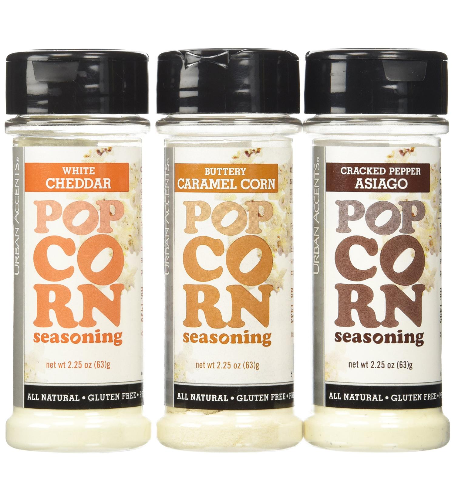 Urban Accents Popcorn Seasoning Variety Pack - Natural, Gluten-Free, Non-GMO - Buttery Caramel, Cracked Pepper Asiago, White Cheddar - Set of 3 - Buy Online on GoSupps.com