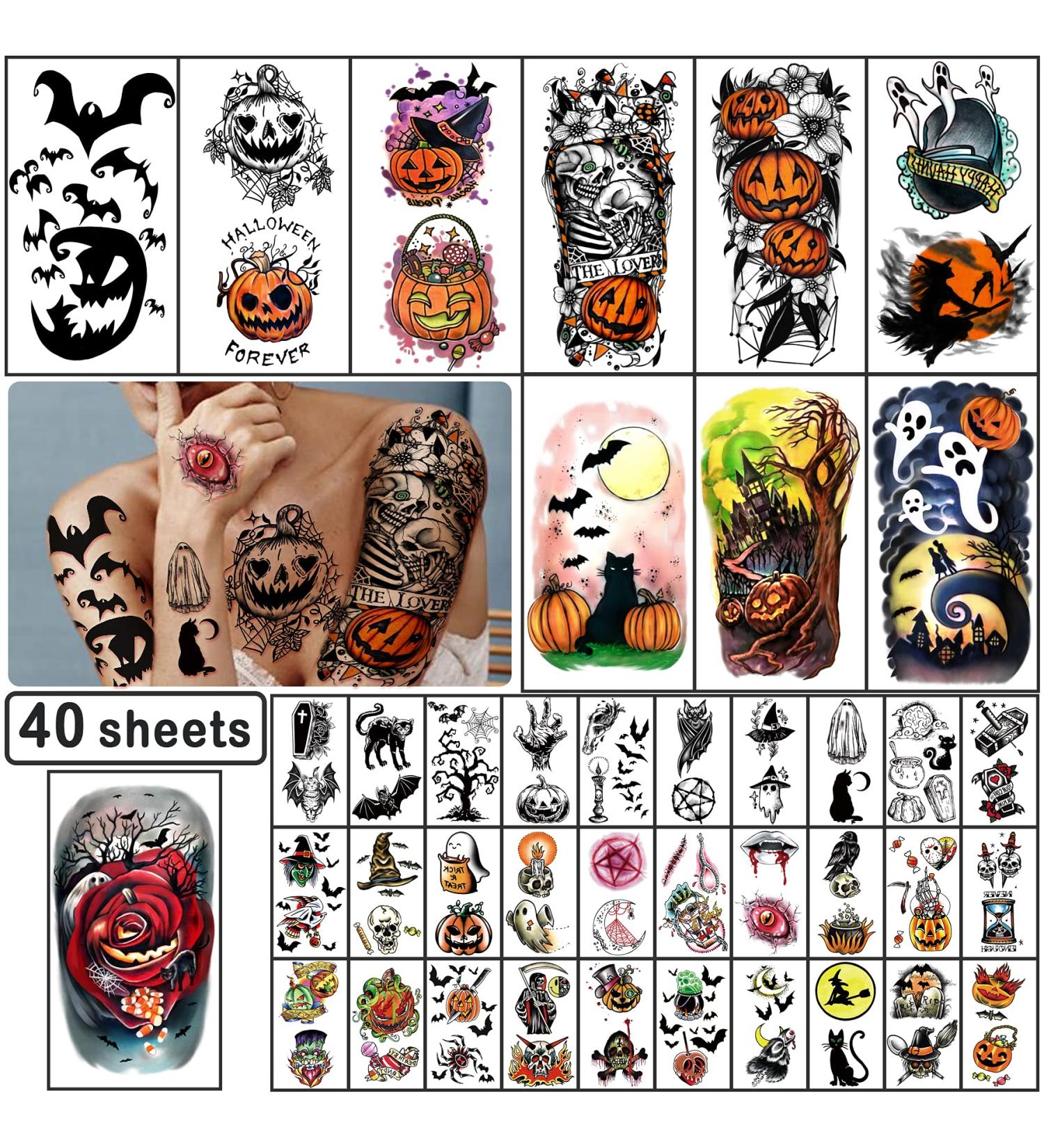 Yazhiji 40 Sheets Halloween Temporary Tattoos - Pumpkin Witch Sugar Skull Family Set for Men, Women, Boys, Girls - Waterproof and Realistic Zombie Makeup Kit for Parties - Buy Online on GoSupps.com