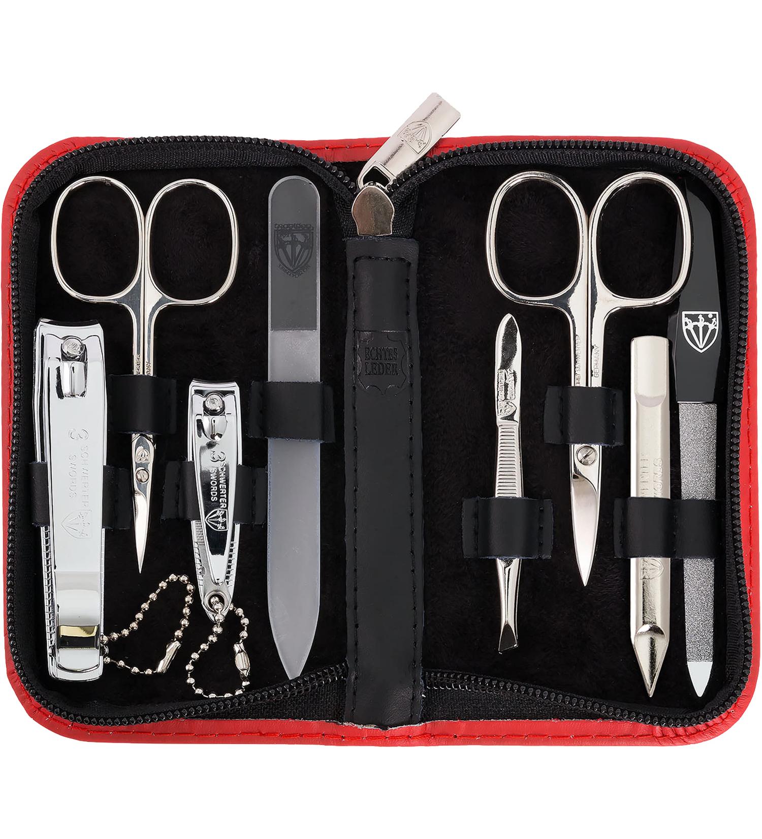 Three Swords 8-Piece Roma Manicure Set | Premium Red Leather Nail Care Kit with Scissors Clippers & Tweezers - Buy Online on GoSupps.com