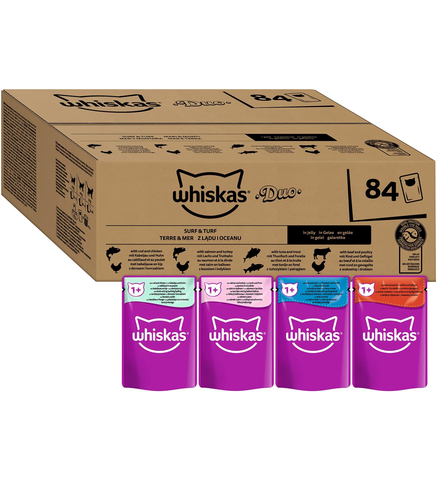 Whiskas Adult 1+ Katznassfutter Tasty Duo Surf & Turf in Jelly - 84 Portion Bags (7.14 kg) - Premium Wet Cat Food for Adult Cats - International Shipping Available - Buy Online on GoSupps.com