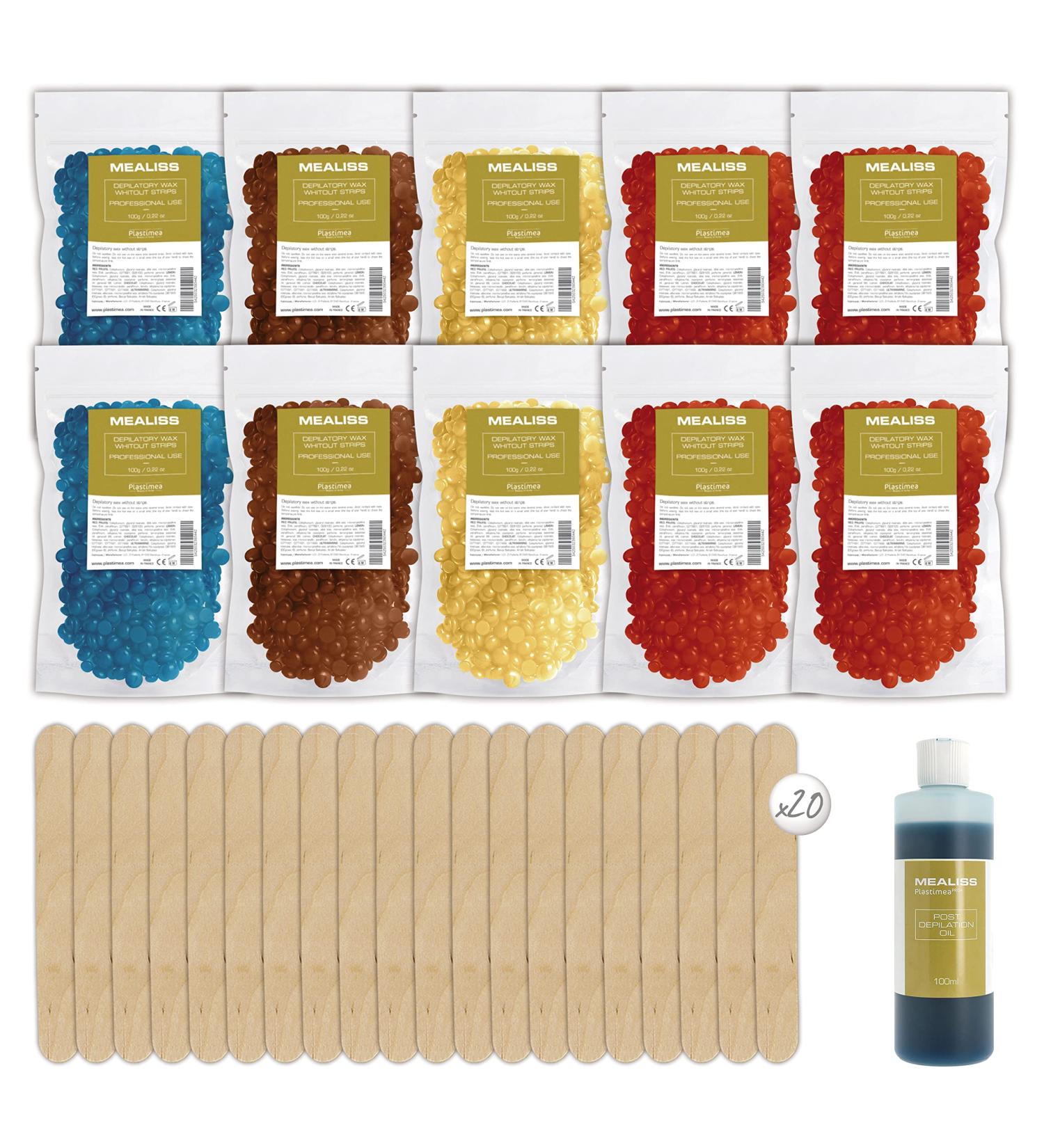 Buy 1kg Brazilian Waxing Kit with Care Oil & 20 Wood Spatulas - Complete Hair Removal for Body Legs & Face | Mealiss Depilation Wax - No Strips Needed - Buy Online on GoSupps.com