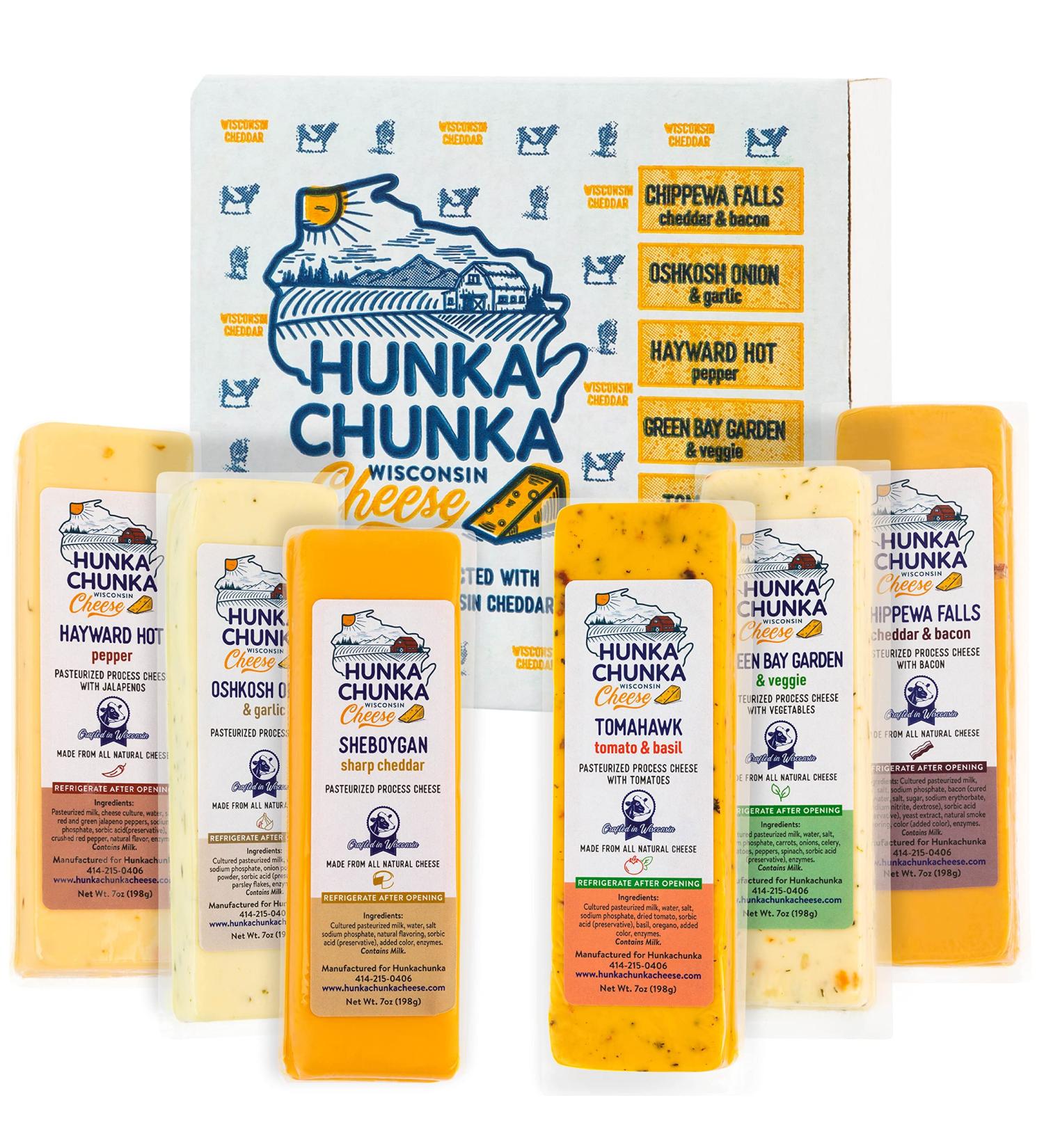 HunkaChunka Wisconsin Cheese Gift Basket  Includes 6 Cheddar Cheese Varieties  Gourmet 2.6 Lb Cheese Gift Box Assortment  Fathers Day Snack Food Gift for Dad  Husband  Son  Grandpa - Buy Online on GoSupps.com