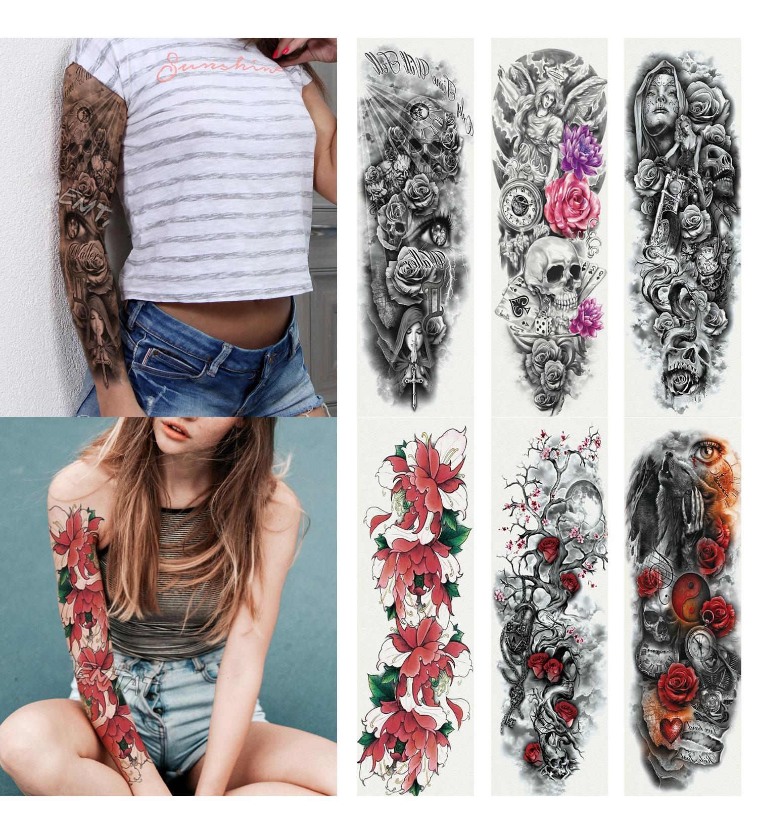 6 Sheets Full Arm Waterproof Black Skull Rose Temporary Tattoos for Men and Women - Extra Large Body Art Sticker Fake Tattoo - Buy Online on GoSupps.com