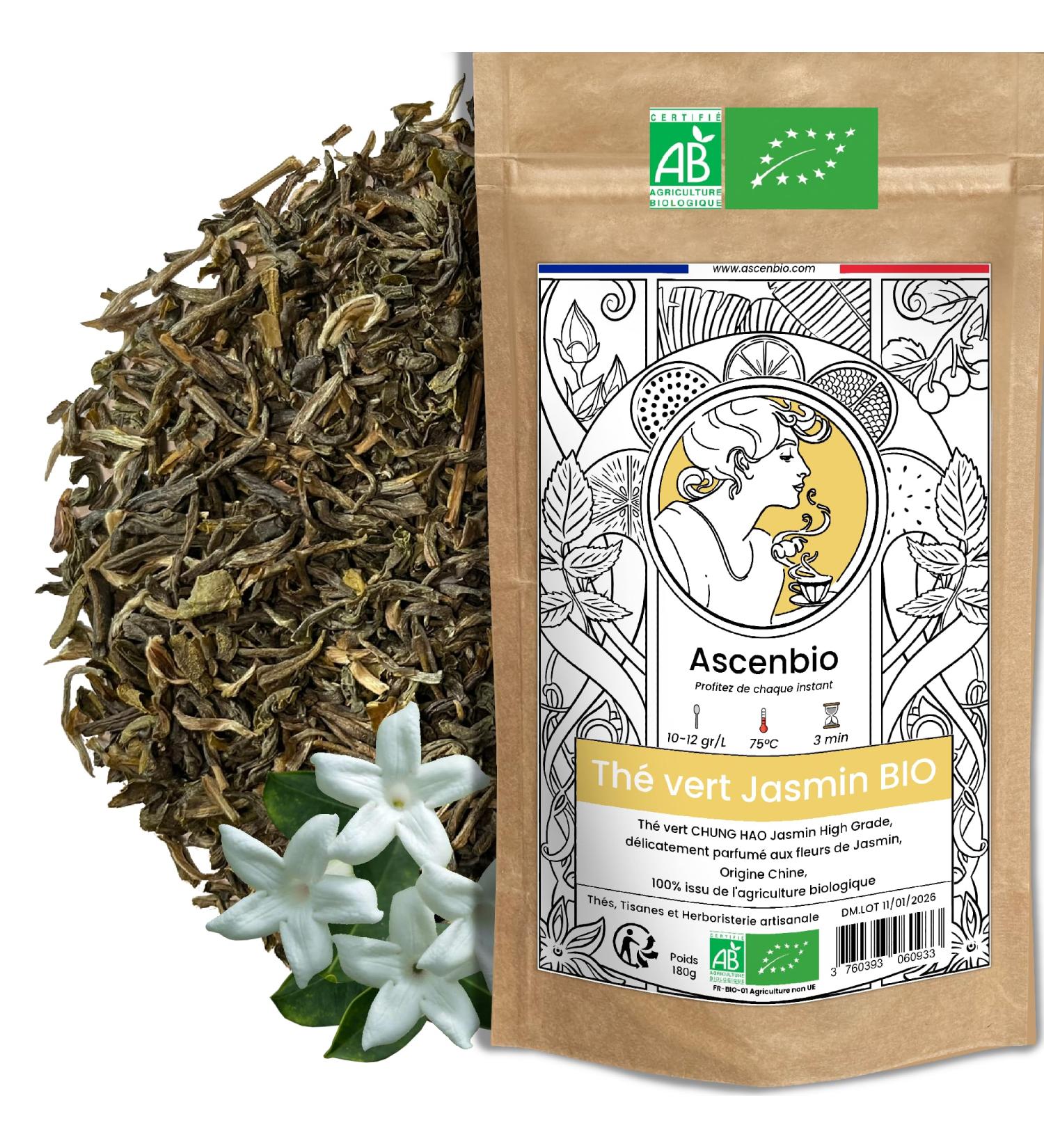  Ascenbio Ascenbio Chung Hao Traditional High Grade Organic Jasmine Green Tea Floral unflavored 100% natural 180g loose leaf Prepared and packaged - Buy Online on GoSupps.com