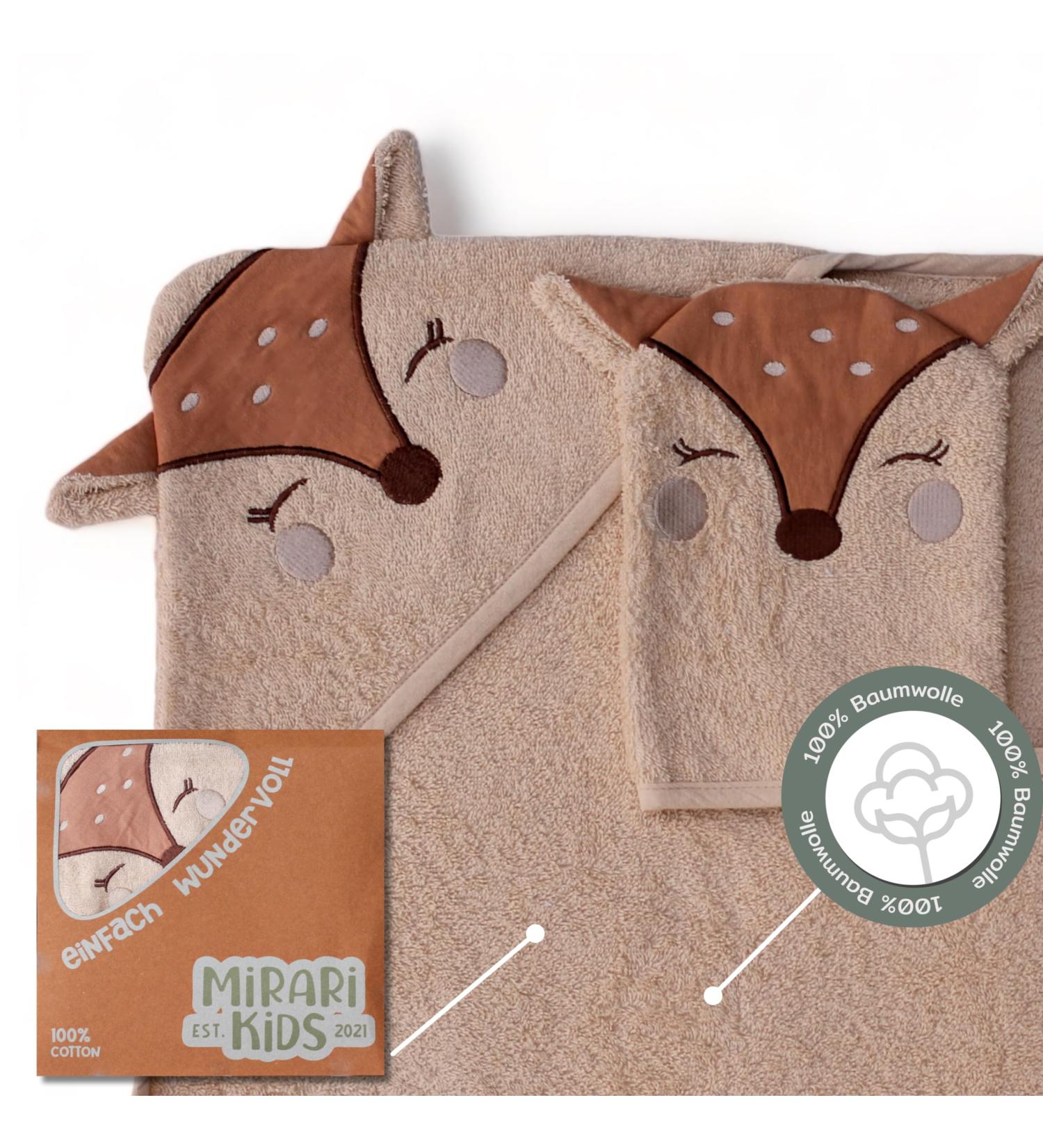 Mirari Kids Baby Towel with Hood & Washcloth - 100% Cotton Baby Bath Towel 80x80 cm - Perfect Newborn Gift & Initial Equipment - Cute Deer Design - Buy Online on GoSupps.com