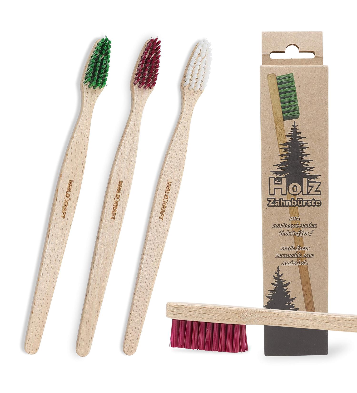 Waldkraft Wooden Toothbrush Set - 3 Pack Made in Germany | Eco-Friendly Beech Wood & Organic Nylon | Adults Green White Red - Buy Online on GoSupps.com