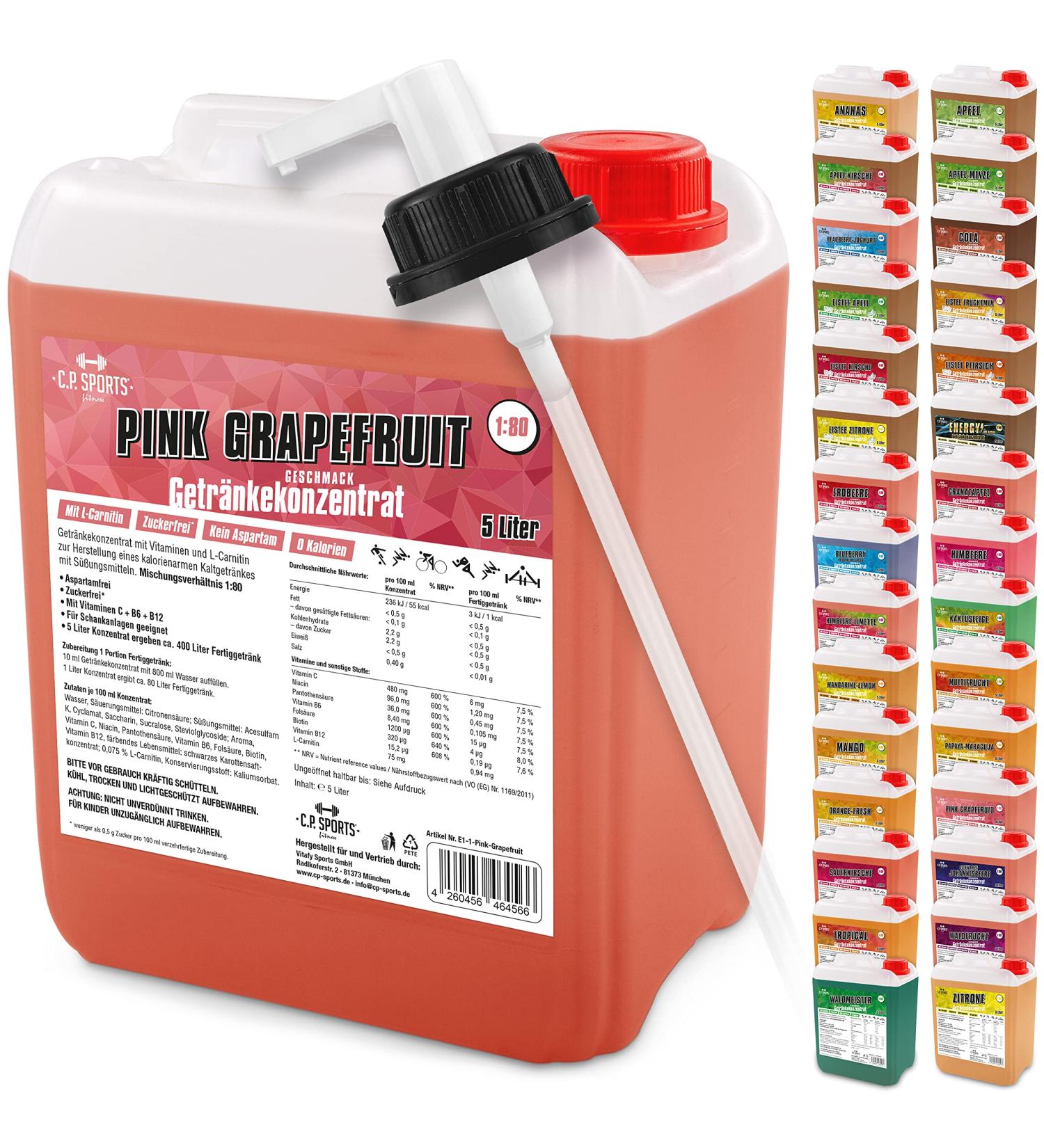 C.P.Sports 5L Beverage Concentrate - Sports Drink with L-Carnitine Vitamins & Dosing Dispenser | 400L Pink Grapefruit Flavor - Buy Online on GoSupps.com