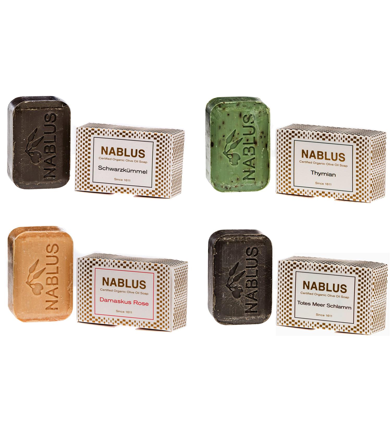 Nablus Soap Natural Olive Oil Set of 4 (4x100g) Damask Rose Black Cumin Thymes Dead Sea Mud for dry skin extra gentle handmade - Buy Online on GoSupps.com