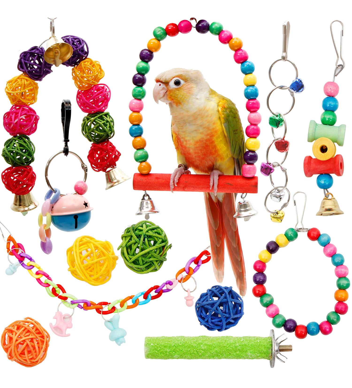Youngever 12 Packs Bird Swing Toy with Hanging Bell - Ideal Parrot Toys for Parrots, Finches, Macaws, Cockatiels - Buy Online on GoSupps.com