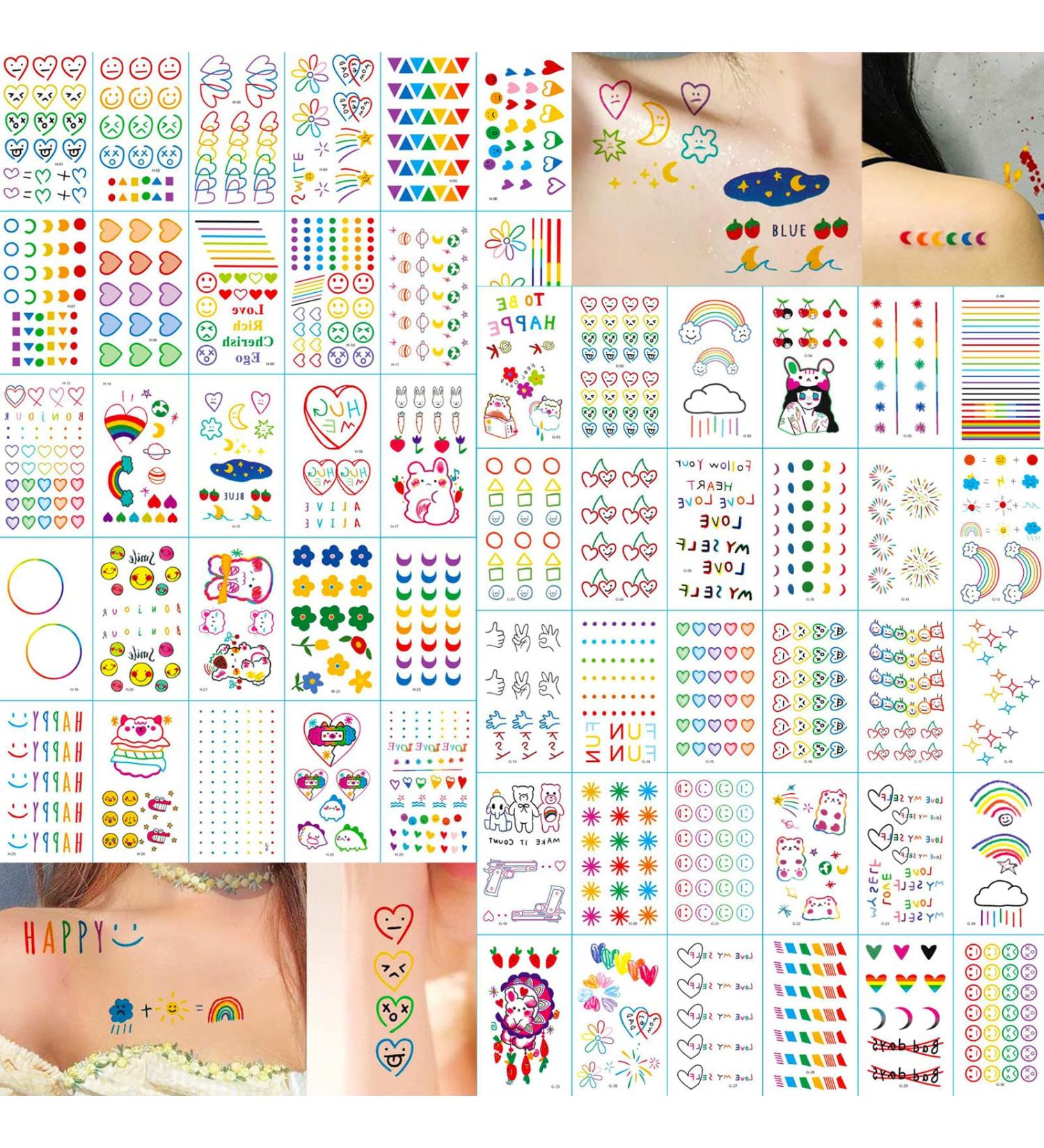 Summer Girls Tiny Temporary Tattoos - 60 Colorful Cute Geometry Waterproof Stickers | Small Fake Tattoos for Women & Kids - Buy Online on GoSupps.com