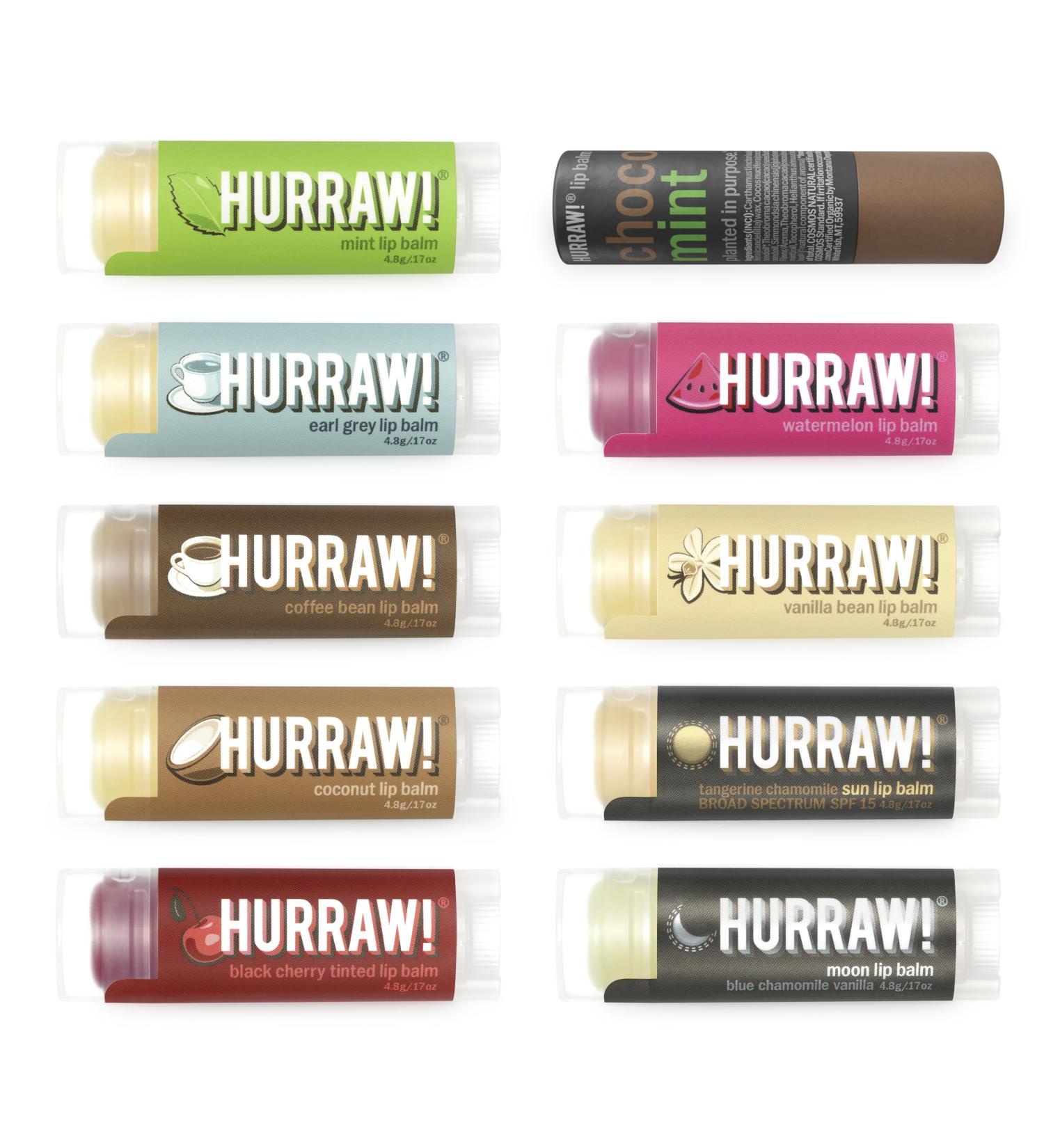 Hurraw! Lip Balms: Staff Favorites, 10 Balms Bundle Pack Mint, Early Grey, Coffee Bean, Coconut, Black Cherry (Tinted), Chocolate Mint, Watermelon, Vanilla Bean, Sun (SPF15), Moon. Made in USA. - Buy Online on GoSupps.com