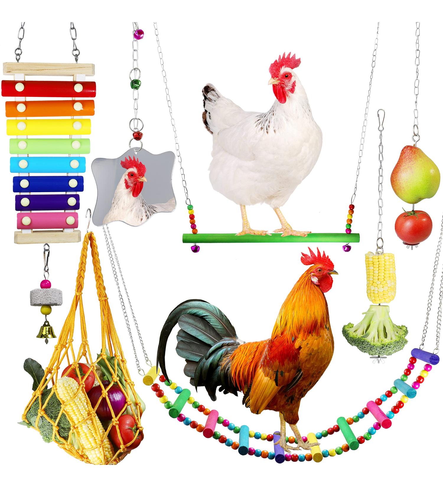 7PCS Chicken Coop Toys Set - Xylophone, Swing, Mirror, Ladder Bridge, Vegetable String Bag, Fruit Feeder - Multicolor - Buy Online on GoSupps.com