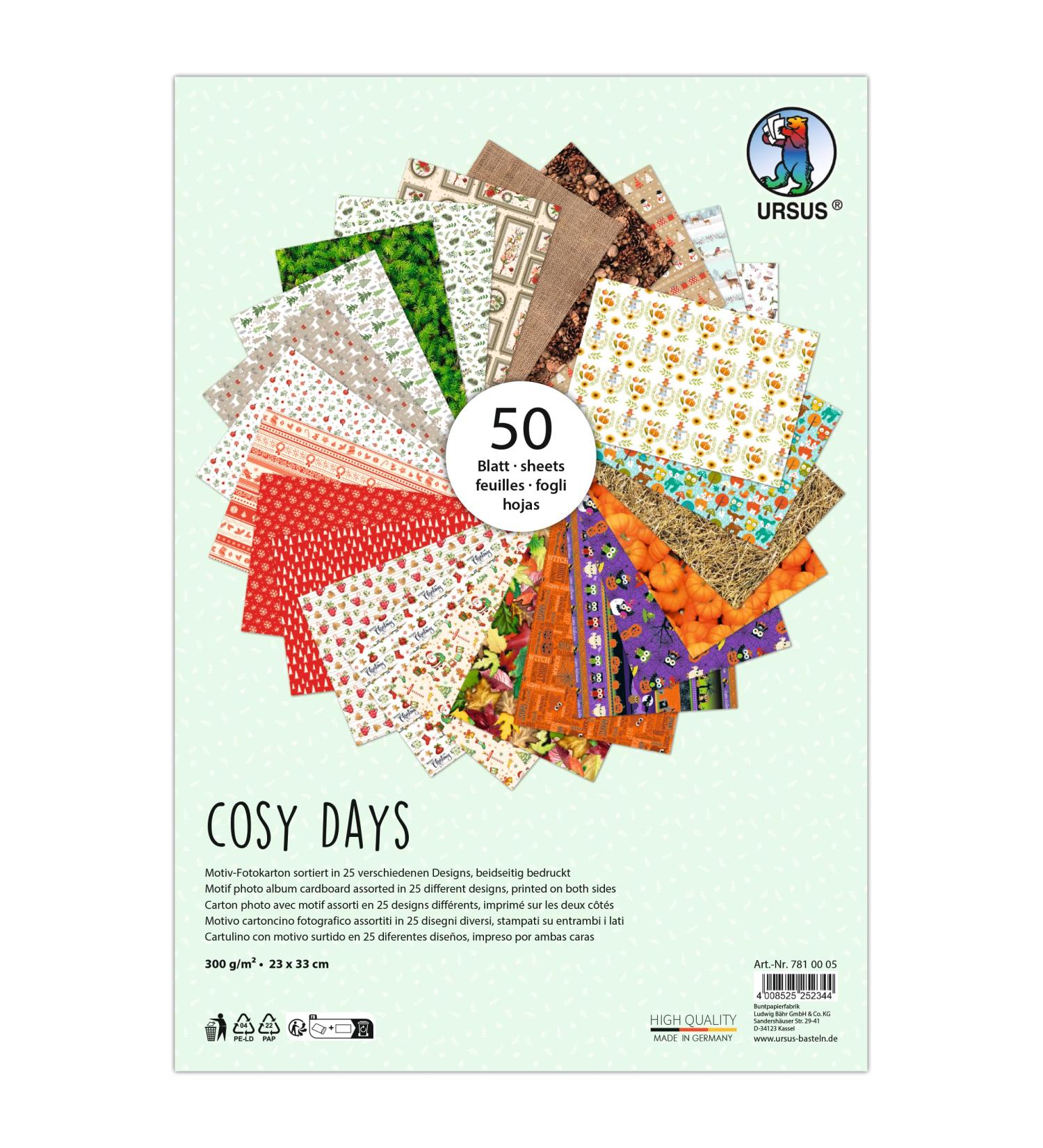 Ursus 7810005 - photo cardboard Cosy Days 50 leaves approx. 23 x 33 cm 300 g/m printed on both sides with 25 different motifs from fresh cellulose for versatile tinkering