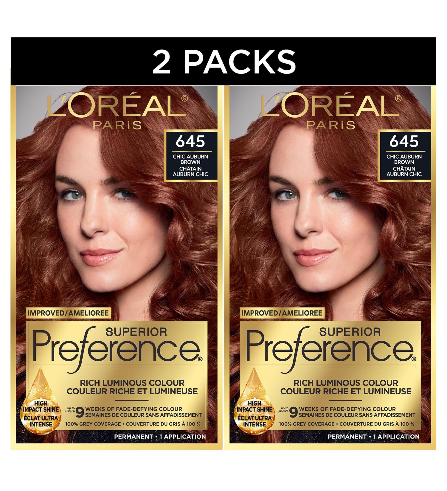 L'Oreal Paris Superior Preference Hair Dye Hair Color for Women 645 Chic Auburn Brown Hair Dye Permanent Hair Color 100% Grey Coverage 9 weeks of Luminous Fade-Defying 1 Hair Dye Kit (Pack of 2) (Packaging May Vary) Chic Auburn Brown Red - Buy Online on GoSupps.com