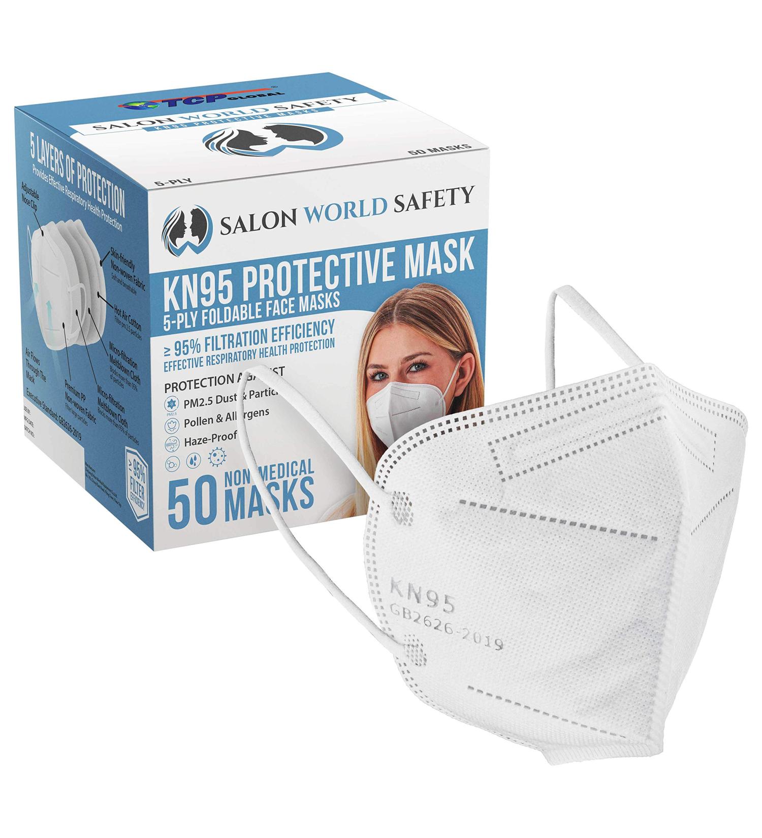 Salon World Safety KN95 Protective Masks - Box of 50 | 95% Filter Efficiency | 5-Layer Non-Woven Fabric | Safe & Easy Breathing | White - Buy Online on GoSupps.com