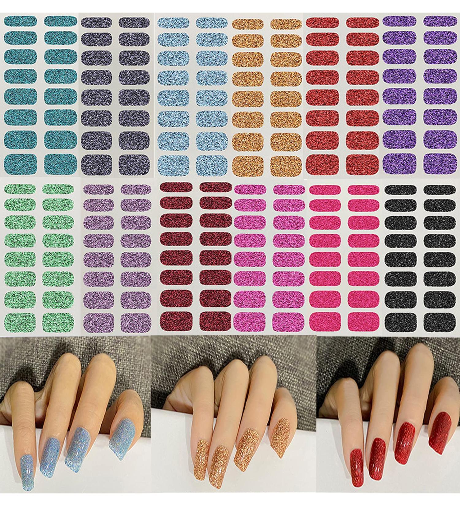Glitter Nail Wraps - 12 Solid Color Nail Polish Strips for Women & Girls | Self-Adhesive Nail Art Decals - D21 - Buy Online on GoSupps.com