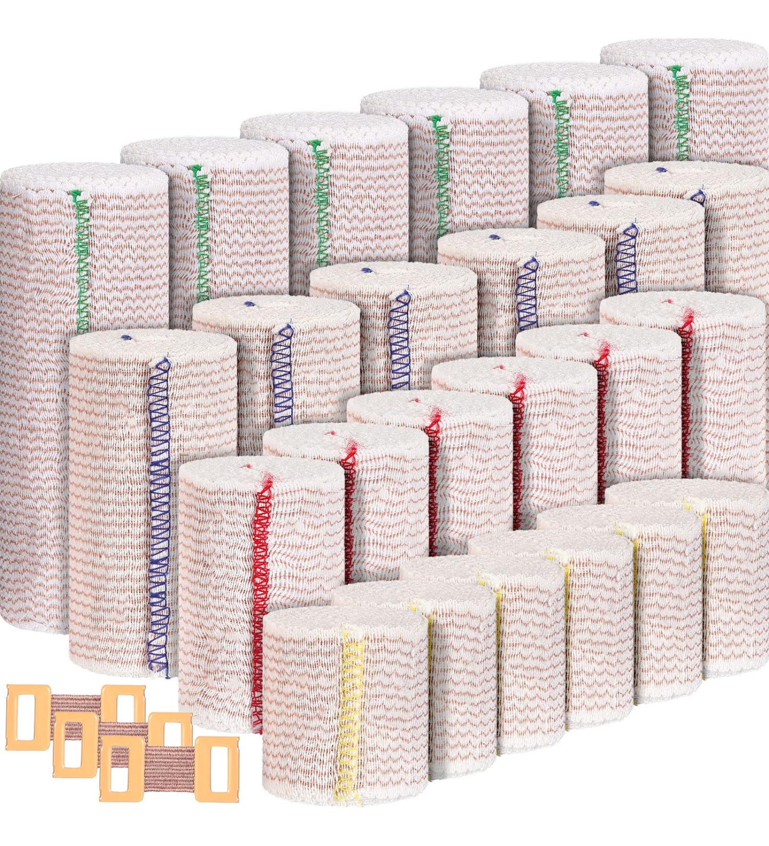 Elastic Bandage Wrap Set - 24 Pcs 2/3/4/6 Inch Compression Bandages with Self Closure, Clips - Stretch up to 15ft - Washable, Reusable for Sports, Medical Injury Recovery - Buy Online on GoSupps.com